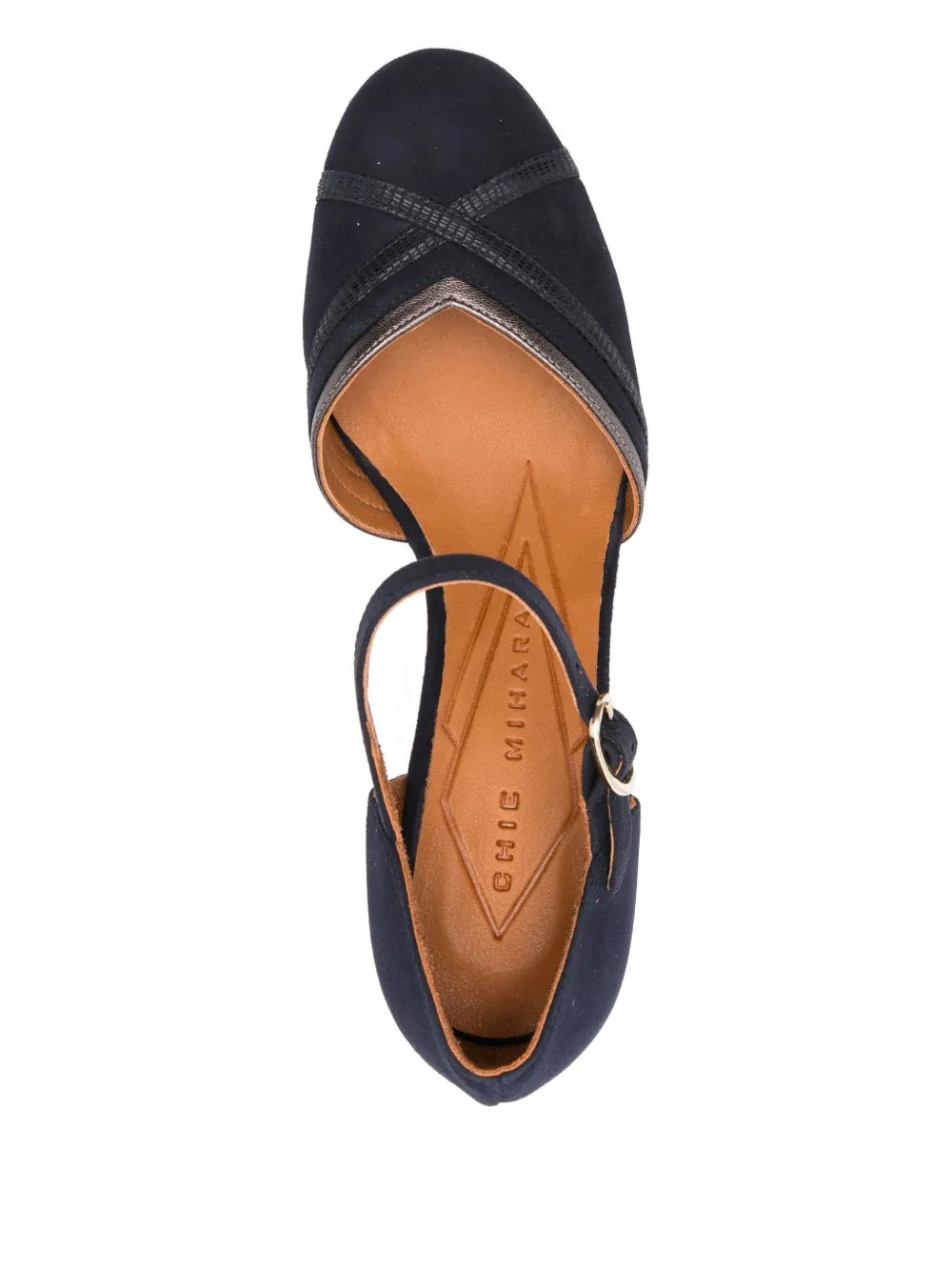 Chie Mihara MERMAN navy suede shoes with iron leather detail and 8.5 cm heel