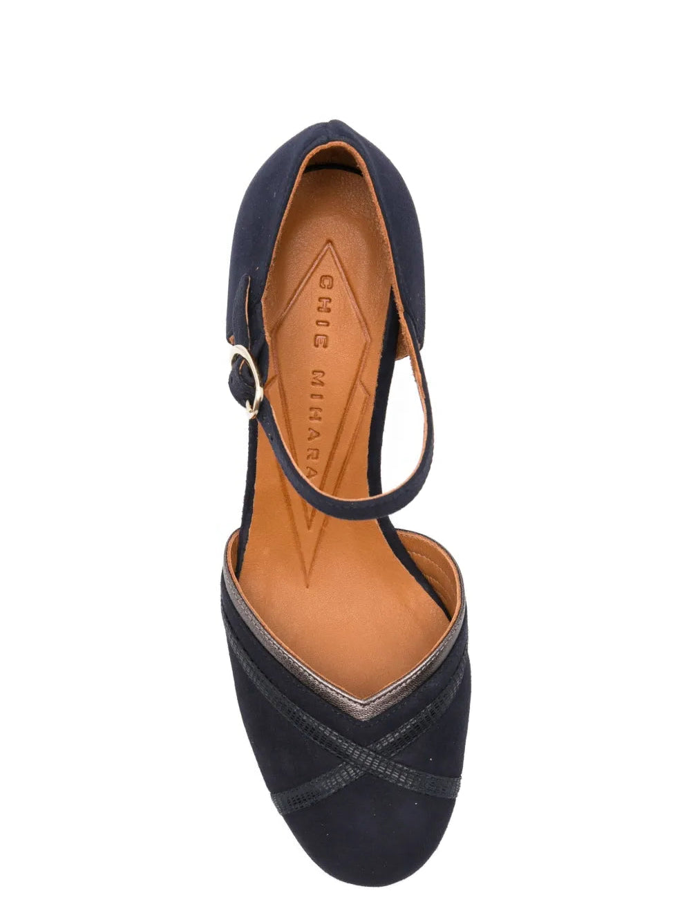 Chie Mihara Merman navy blue suede and iron lizard print cross-strap pump, leather insole known for exceptional comfort and fit, handmade in Spain