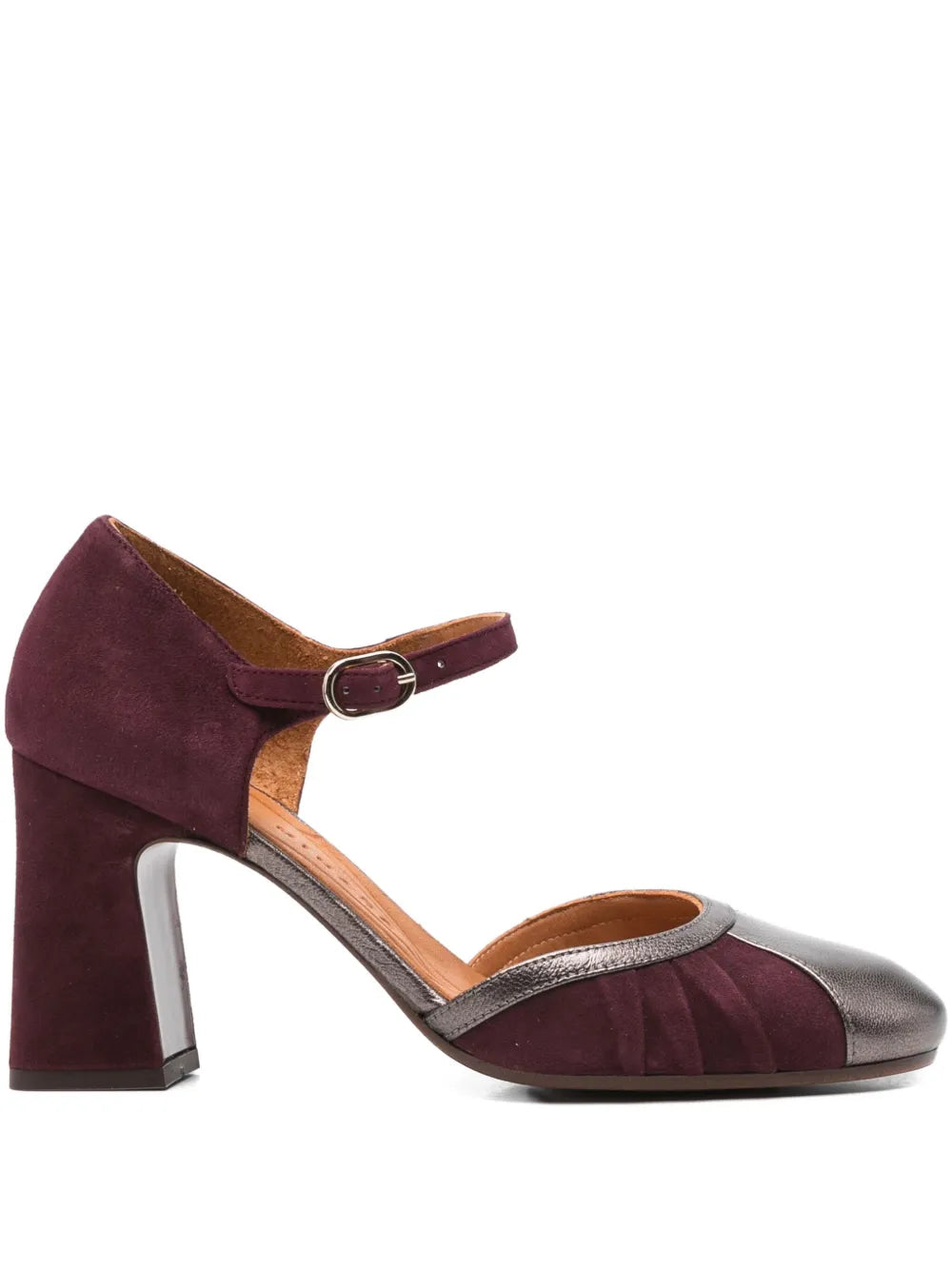 Chie Mihara Mindel burgundy suede and steel leather pumps with pleated detail and 8 cm block heel, handmade in Spain