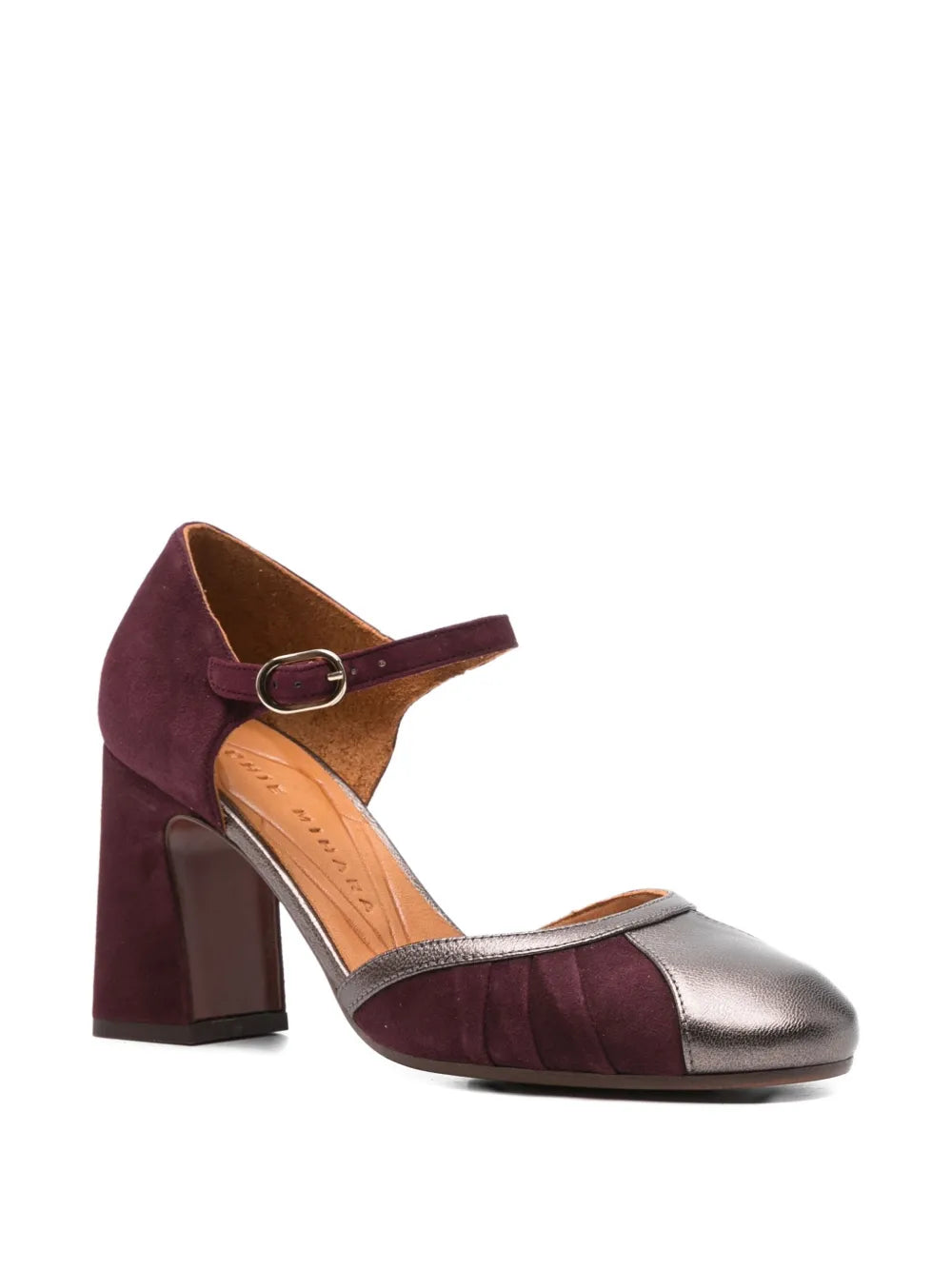 Chie Mihara Mindel burgundy suede and steel leather pumps with pleated detail and 8 cm block heel, handmade in Spain