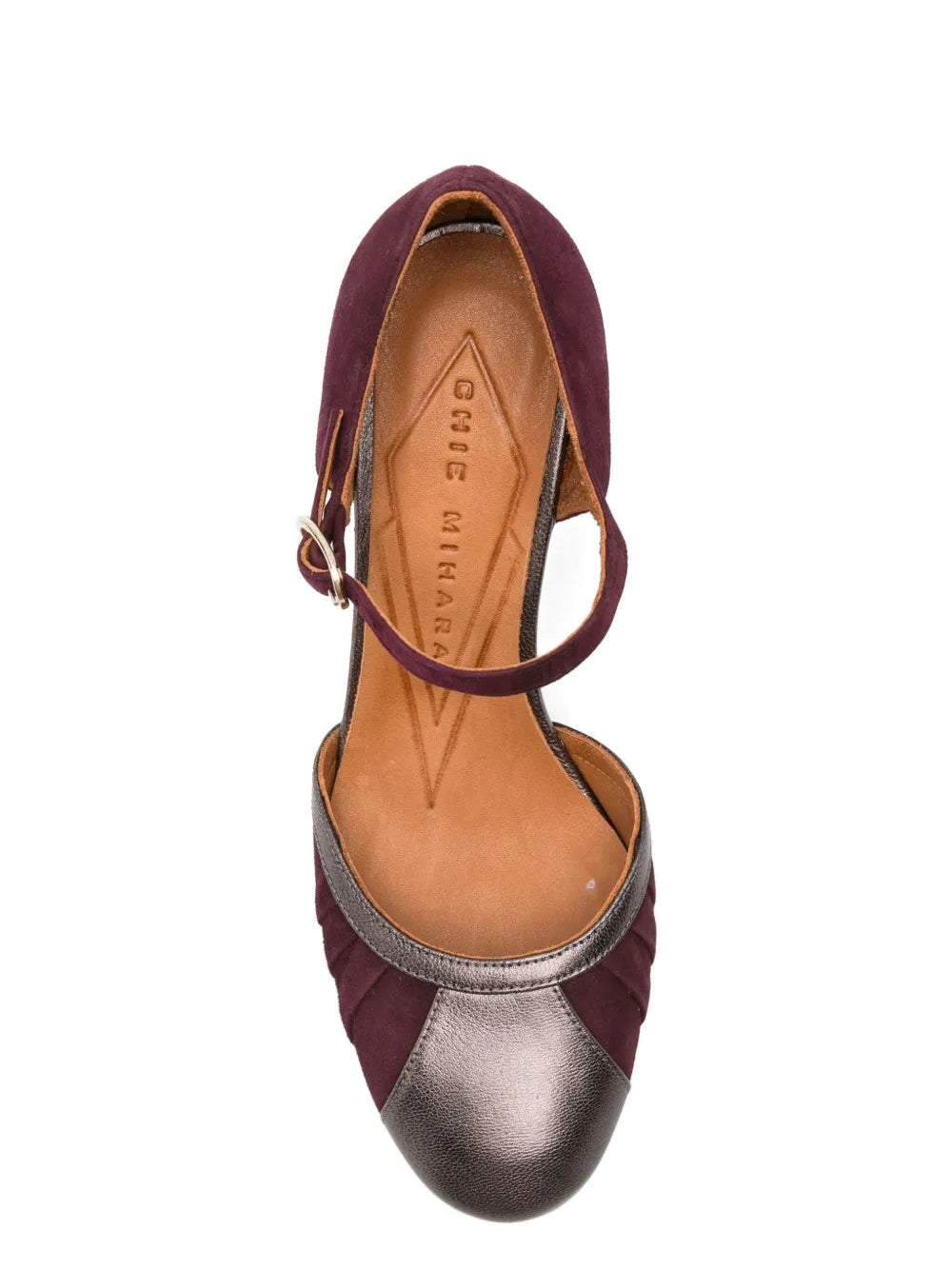 Chie Mihara Mindel burgundy suede and pewter metallic Mary Jane shoe, leather insole known for exceptional comfort and fit, handmade in Spain