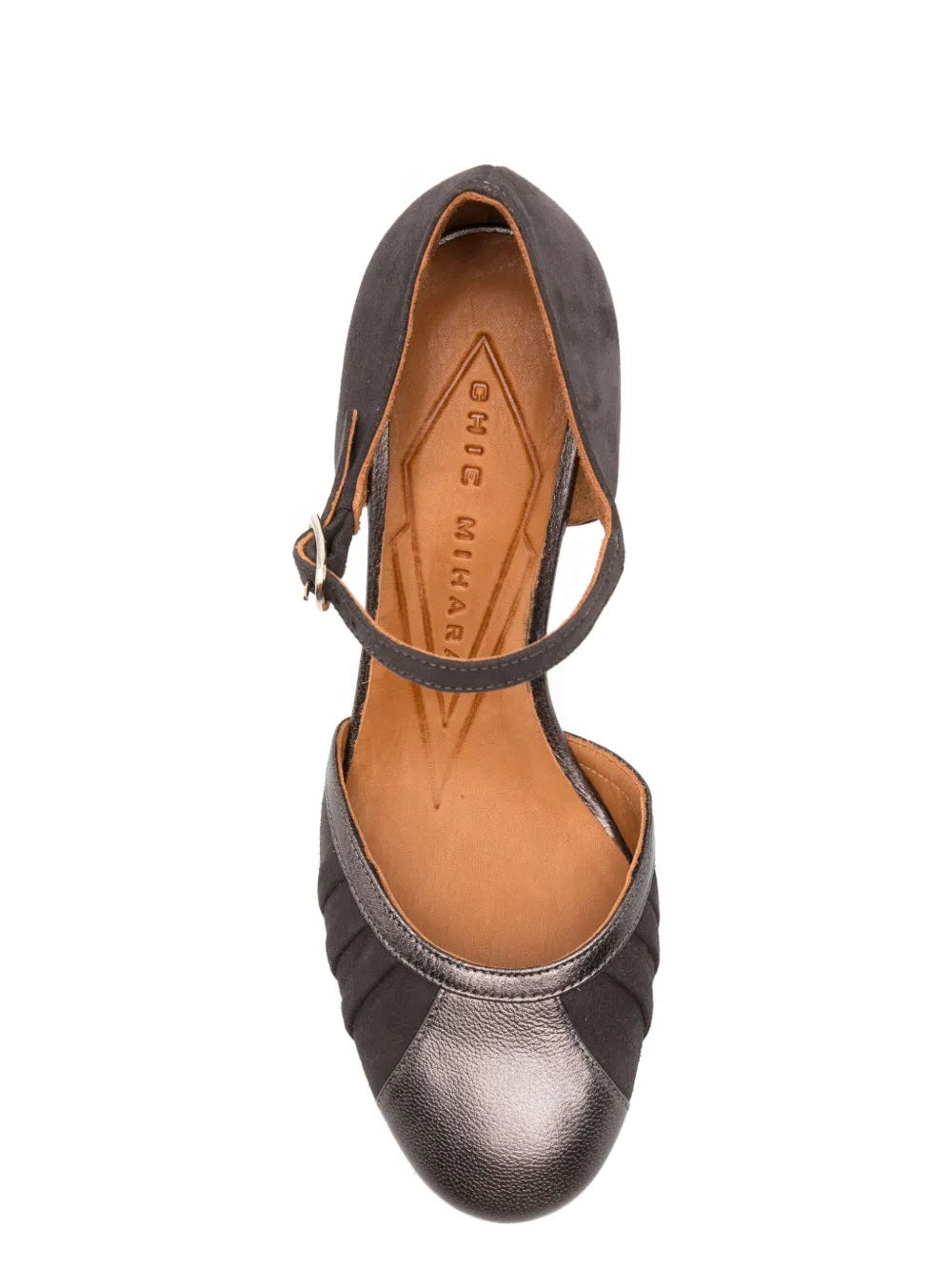 Chie Mihara Mindel graphite suede and iron metallic Mary Jane shoe, high block heel and ankle strap buckle, artisan leather shoes