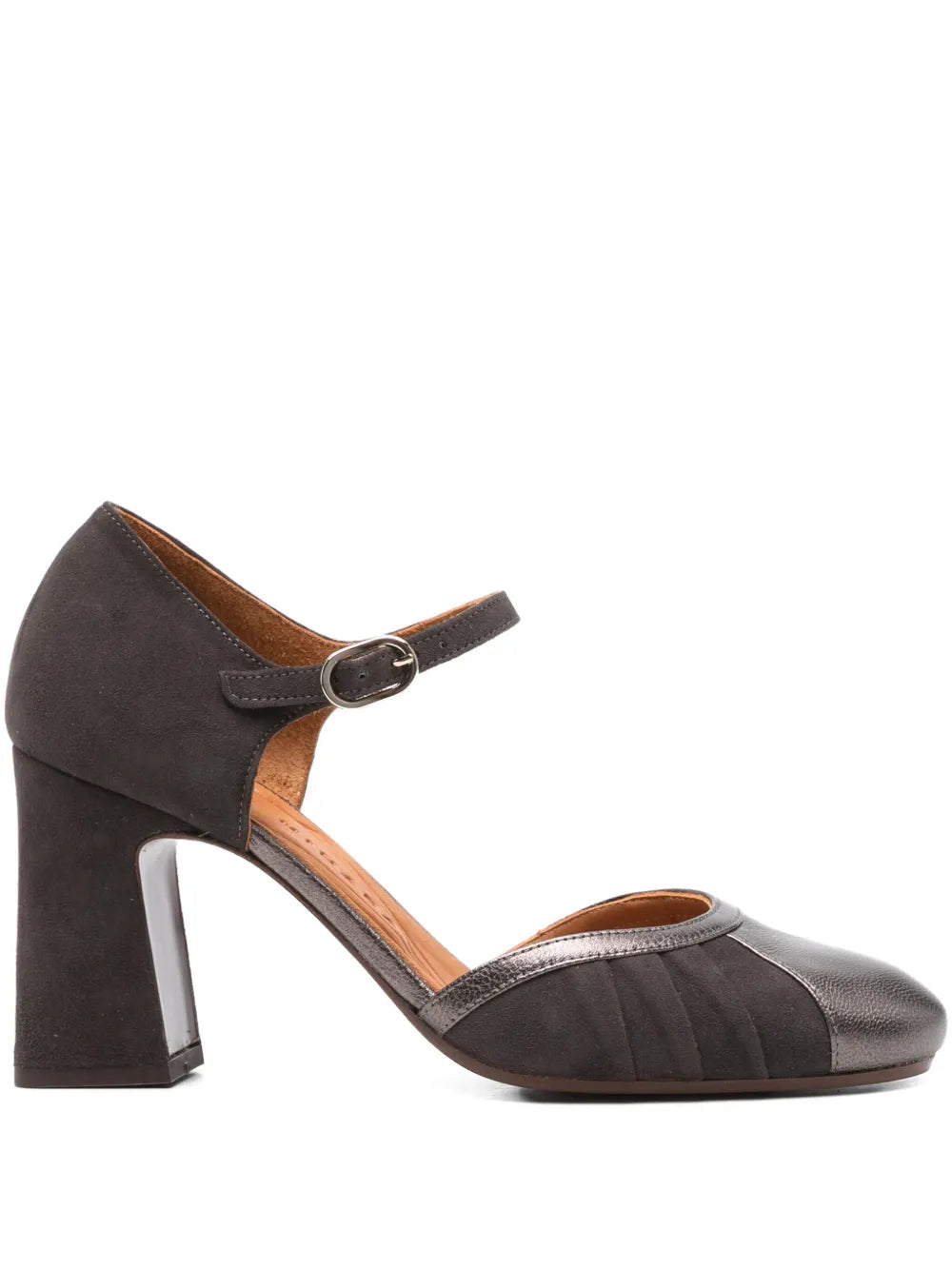 Chie Mihara Mindel graphite suede and iron metallic leather Mary Jane shoes with high block heel, handmade in Spain