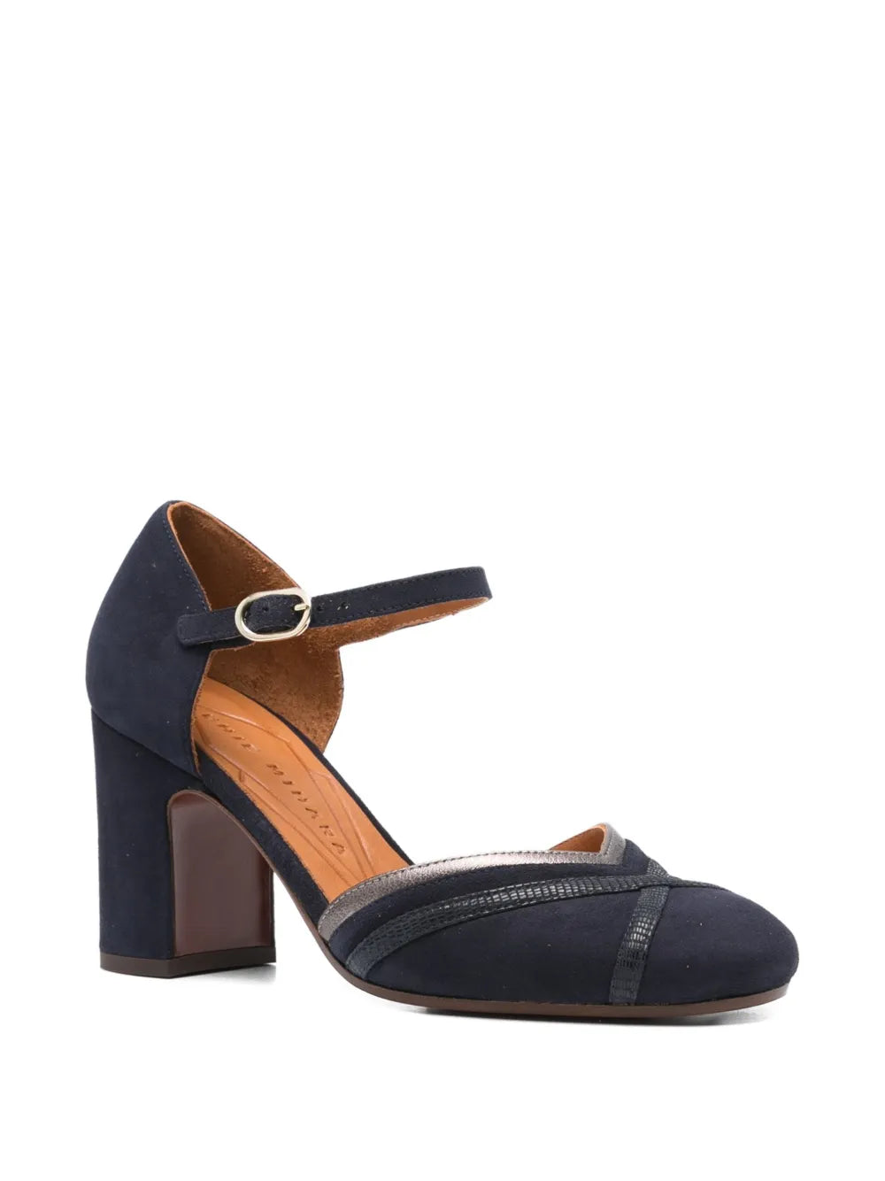 Chie Mihara Mindel navy blue suede and iron metallic Mary Jane shoe, high block heel and ankle strap buckle, artisan leather shoes