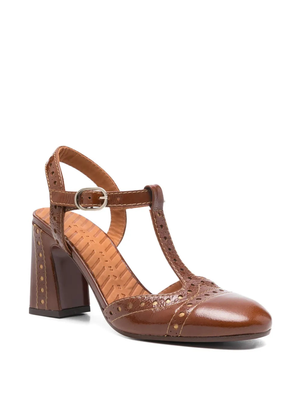 Chie Mihara Mira chestnut patent leather T-strap slingback, leather insole with brand stamp, brogue and gold stud detail