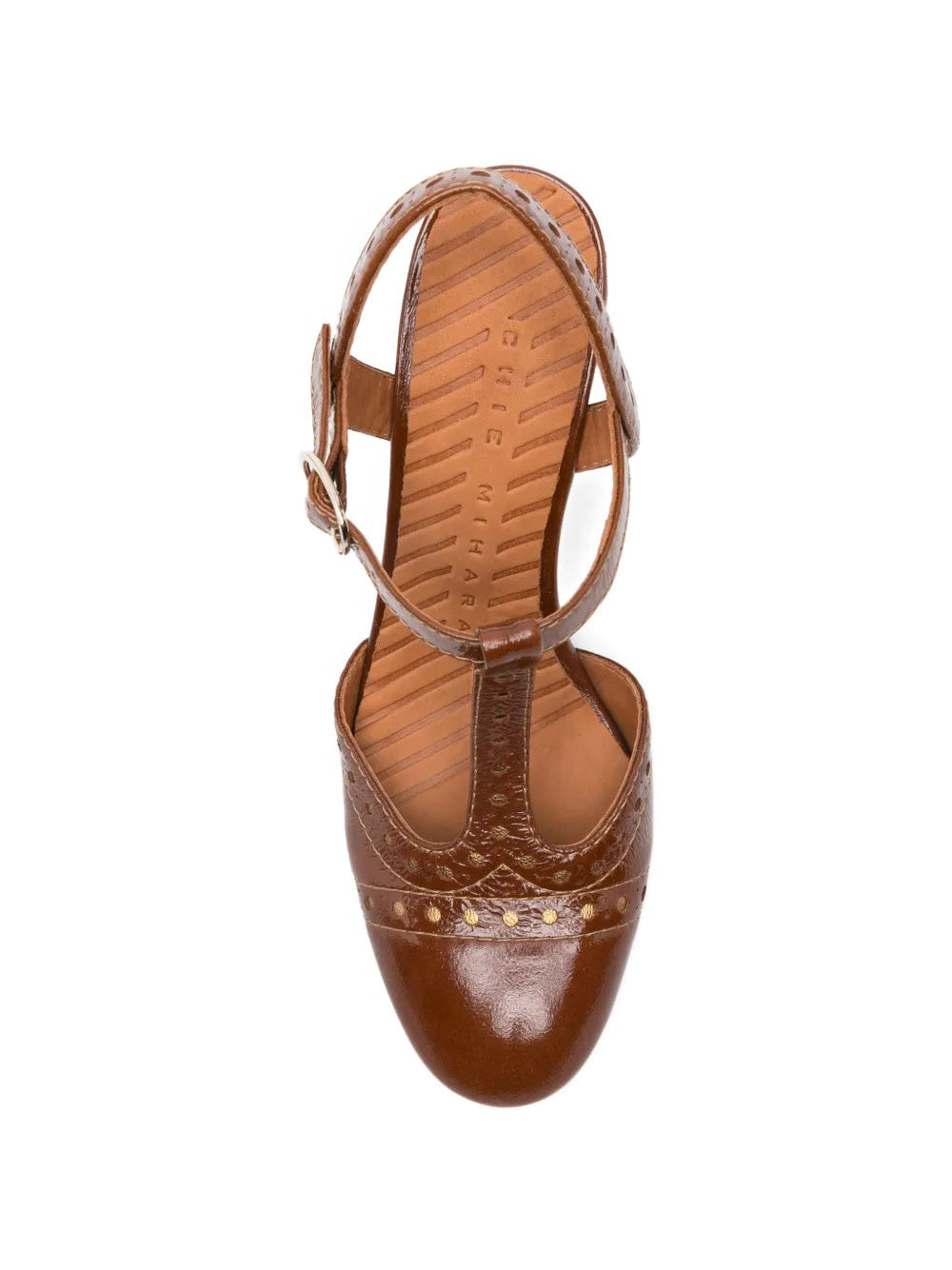 Chie Mihara Mira cognac patent leather slingback, brogue perforated block heel and ankle buckle, made in Spain