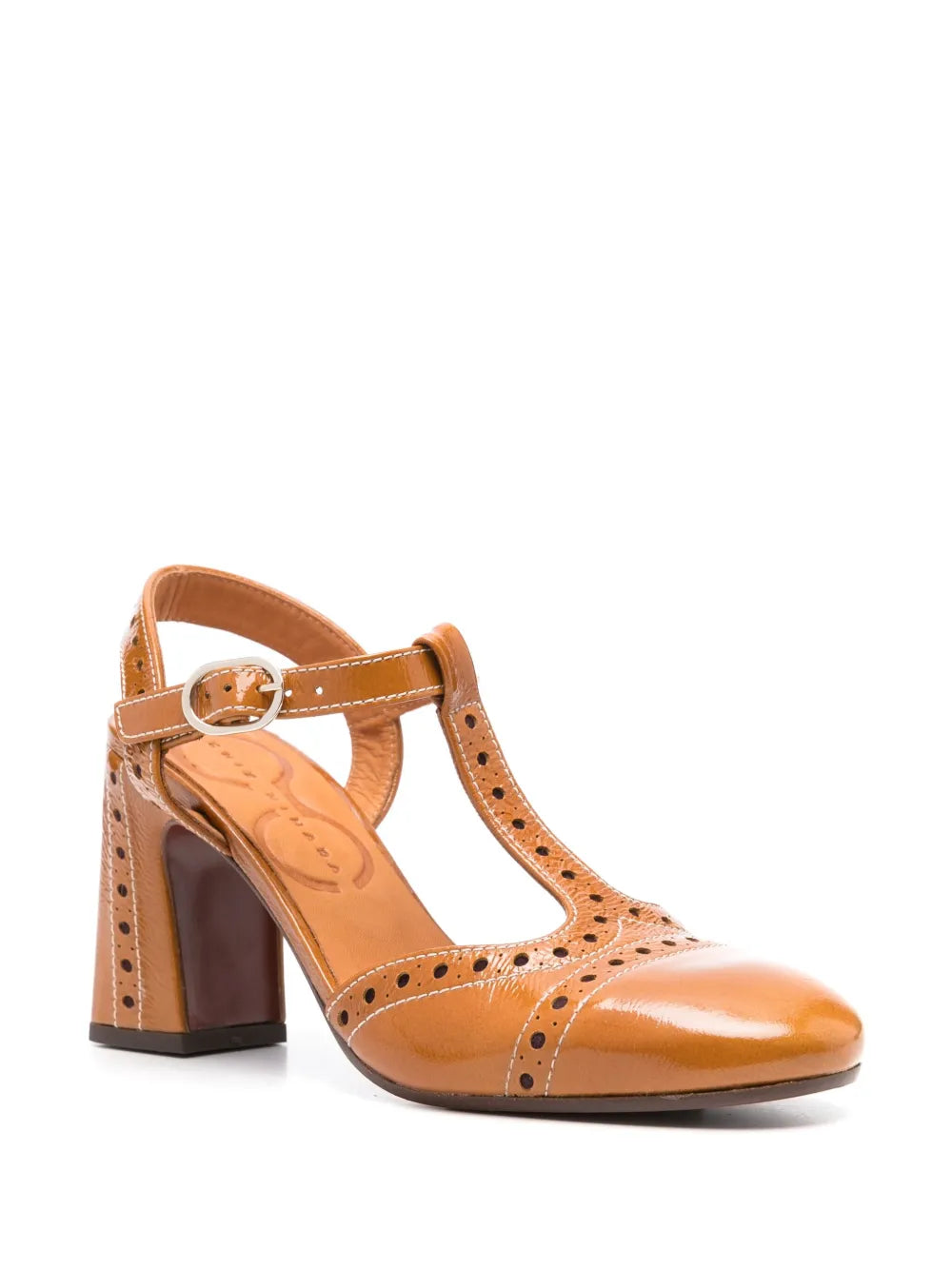 Chie Mihara Mira toffee camel patent leather brogue T-bar slingback pump, comfortable high block heel and ankle strap buckle, artisan leather shoes