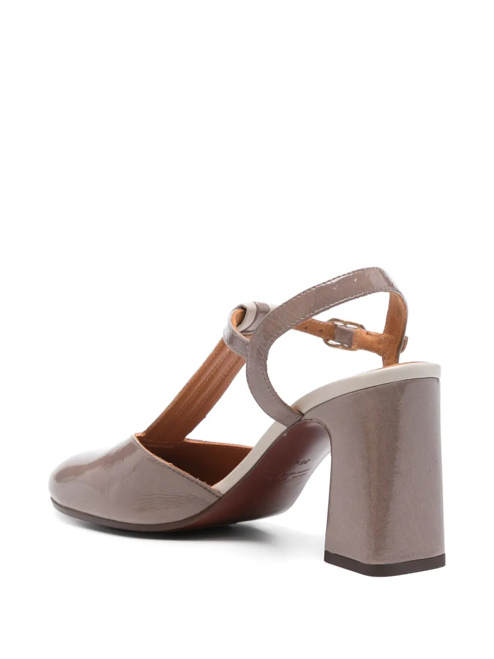 Chie Mihara Missy women's taupe grey patent leather and cream T-bar slingback pump, comfortable high block heel, European designer shoes made in Spain