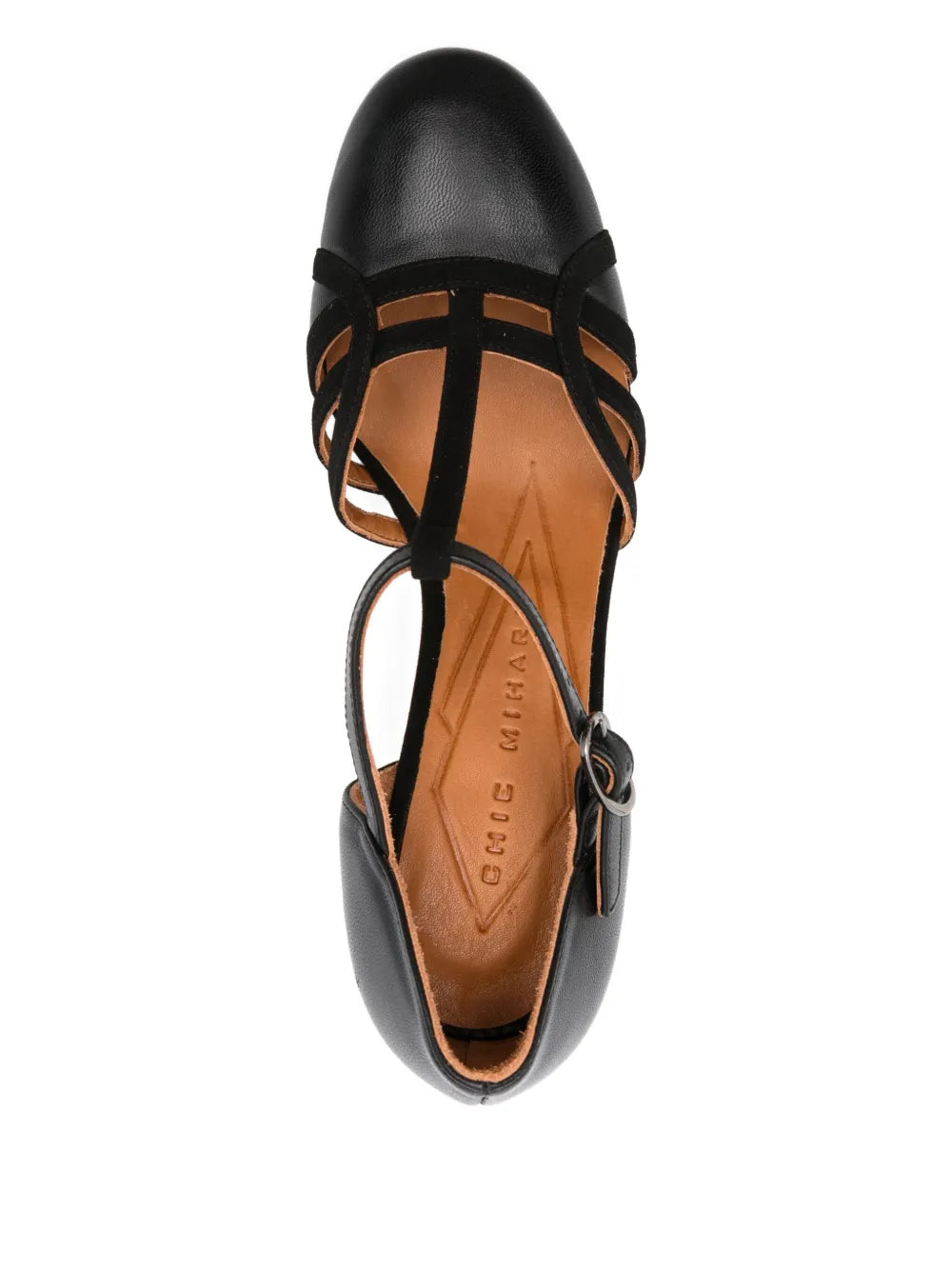 Chie Mihara Mizan black suede low block heel shoes with black leather straps and square toe, handmade in Spain