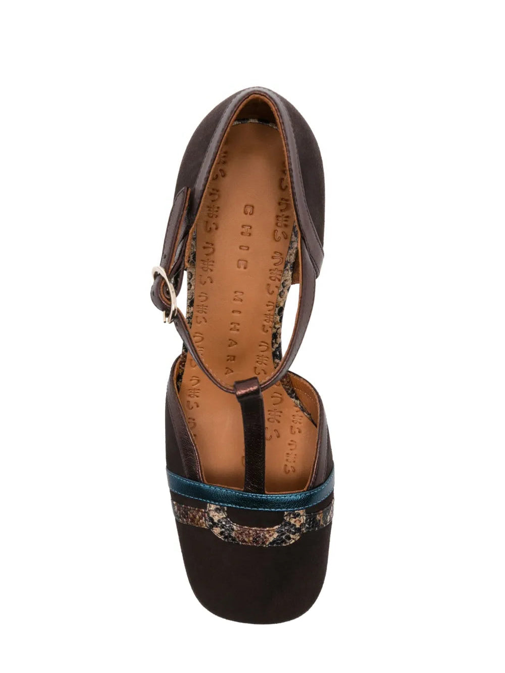 Chie Mihara Mizan unique heel design, dark brown suede and bronze metallic T-bar pump, European designer shoes luxury everyday footwear