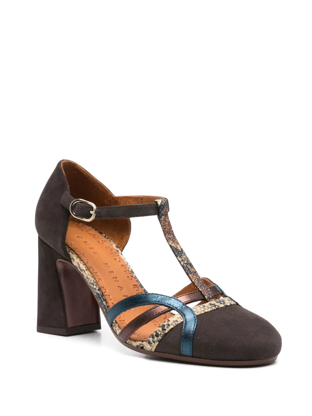 Chie Mihara Mizan retro style heels, dark brown suede with teal metallic and snake print leather cross straps, artisan shoes Spain