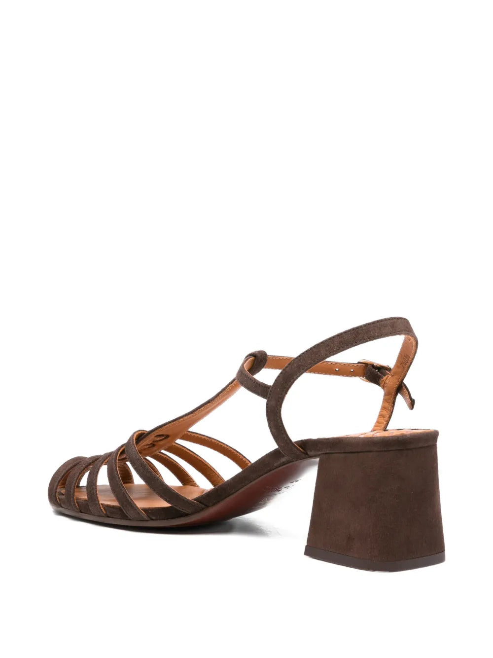Chie Mihara Mustel brown suede cage sandal, leather insole with brand stamp, T-strap and ankle buckle