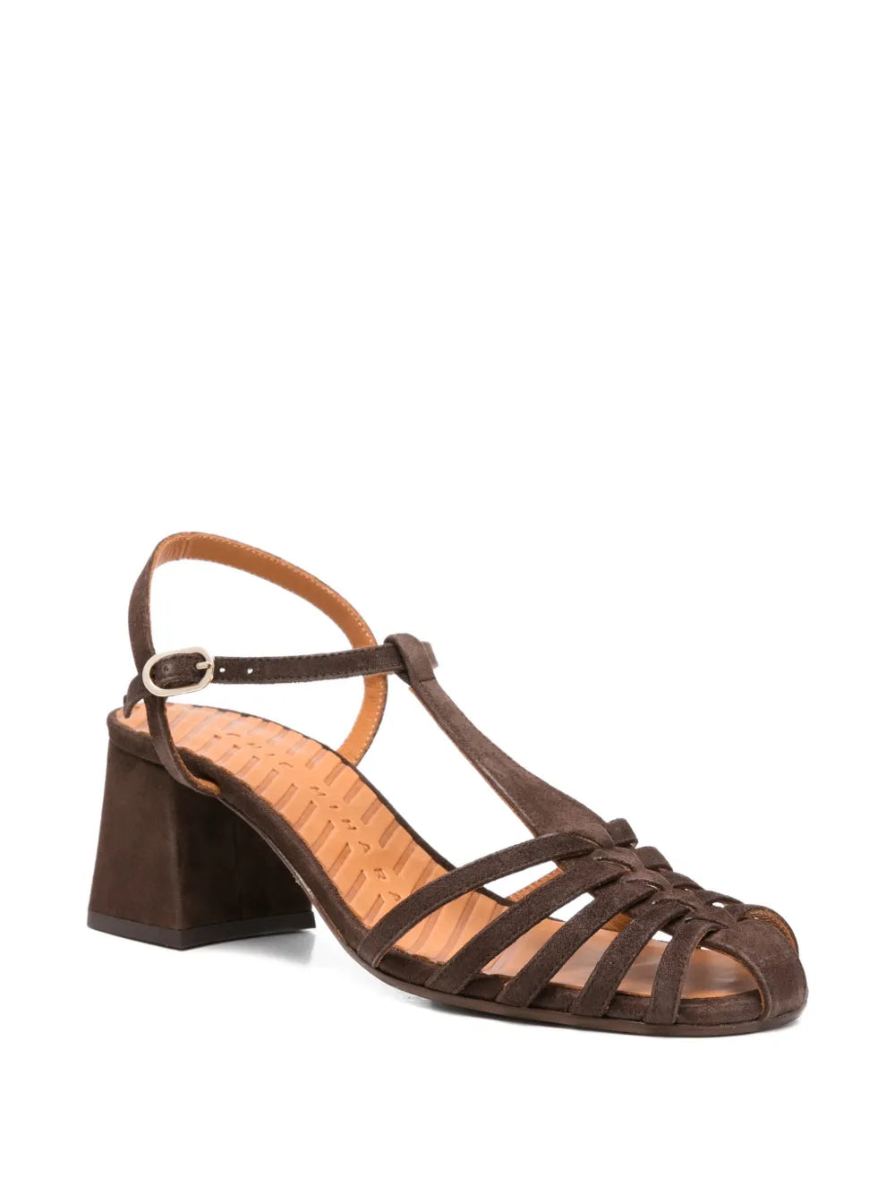 Chie Mihara Mustel chocolate brown suede cage sandal, T-strap slingback with mid block heel