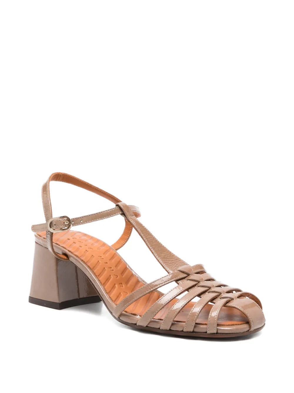 Chie Mihara Mustel taupe patent leather sandal, multi-strap gladiator design and block heel