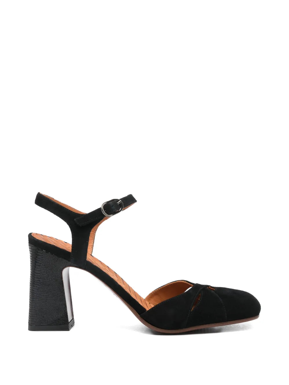 Chie Mihara Oidina black suede cross-strap pump with lizard texture block heel and ankle buckle, handmade in Spain