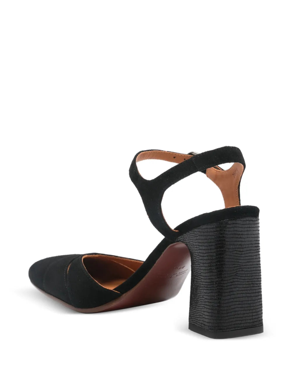 Chie Mihara Oidina women's black suede high heel pump with lizard texture block heel and ankle strap, luxury shoes made in Spain