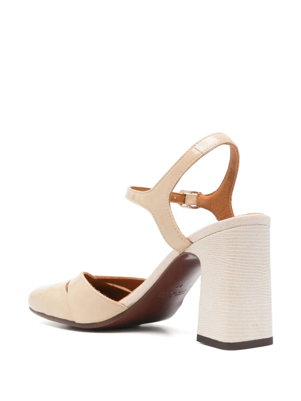 Chie Mihara Oidina women's nude beige crinkle leather cross-strap pump with lizard texture high block heel, European designer shoes made in Spain