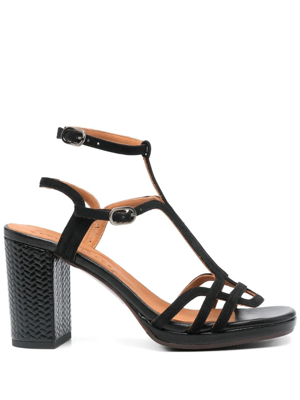 Chie Mihara Paladium black suede cage strap platform sandal with woven high block heel, handmade in Spain