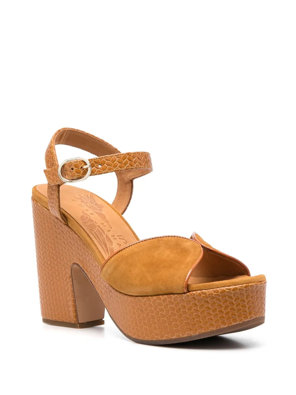 Chie Mihara Debe Chie Mihara platform shoes cognac suede, woven leather platform and ankle strap buckle, artisan shoes Spain high quality craftsmanship