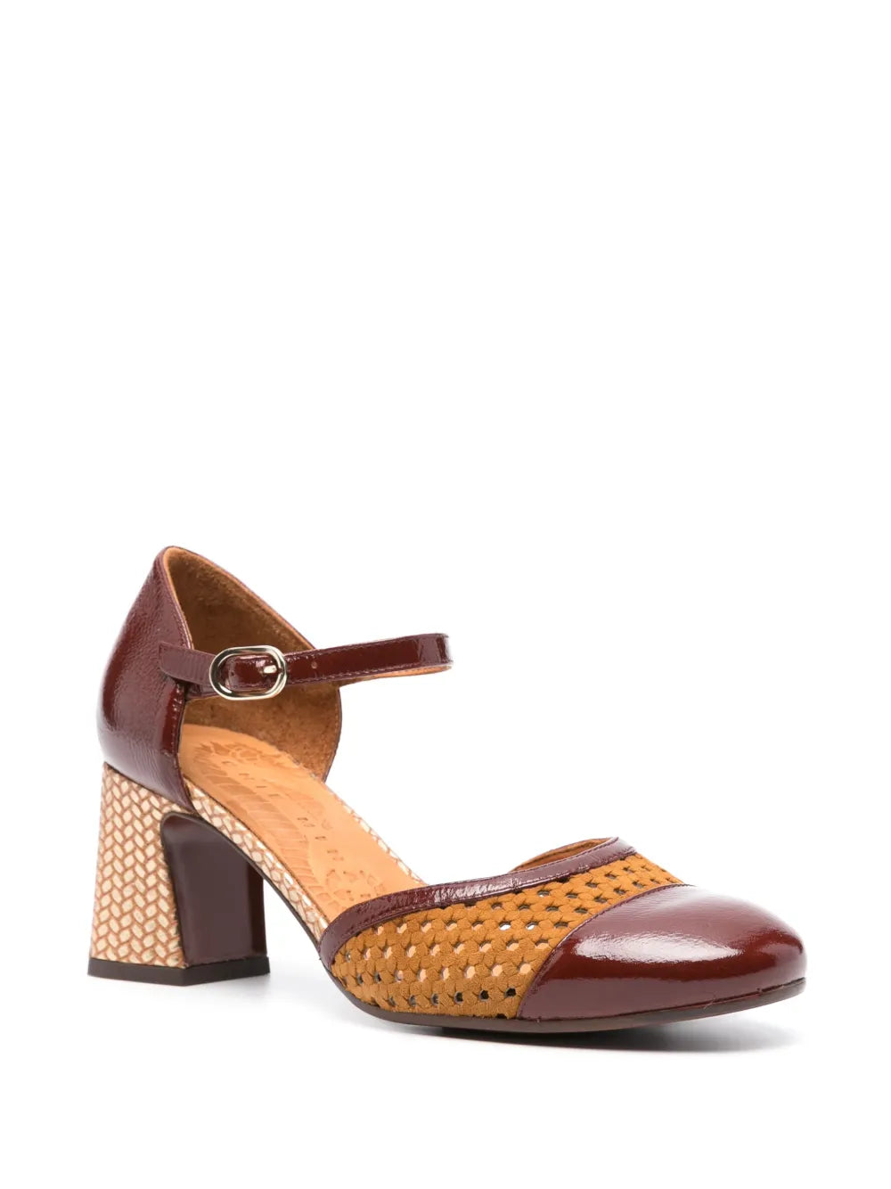Chie Mihara Pelu Chie Mihara pumps oxblood and camel, perforated leather upper with woven block heel and ankle strap buckle, artisan shoes Spain