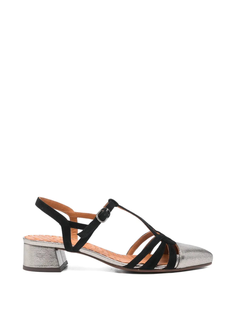 Chie Mihara Rosali iron and black leather mid heel sandal, handcrafted Spanish designer shoe with elegant metallic toe