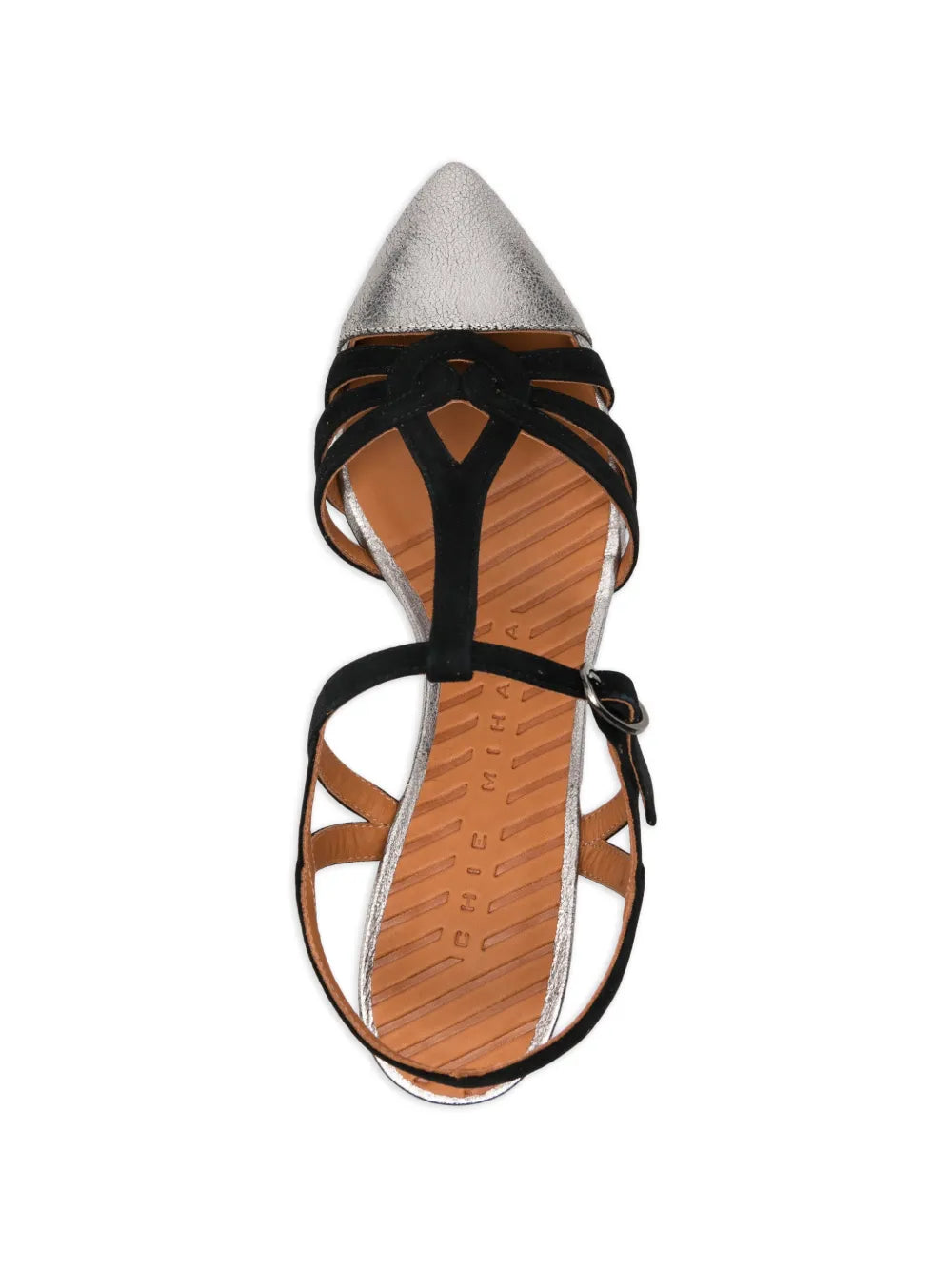 Chie Mihara Rosali iron and black leather mid heel sandal, handcrafted Spanish designer shoe with elegant metallic toe