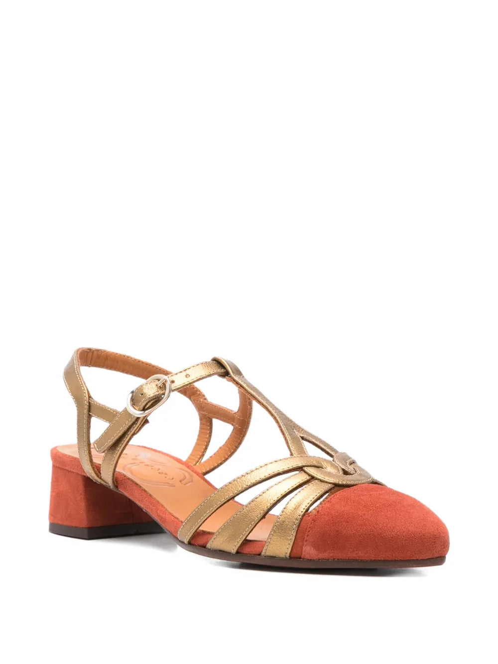 Chie Mihara Rosali terracotta suede and gold metallic fan strap slingback, top view with Chie Mihara leather insole, designer comfort shoes