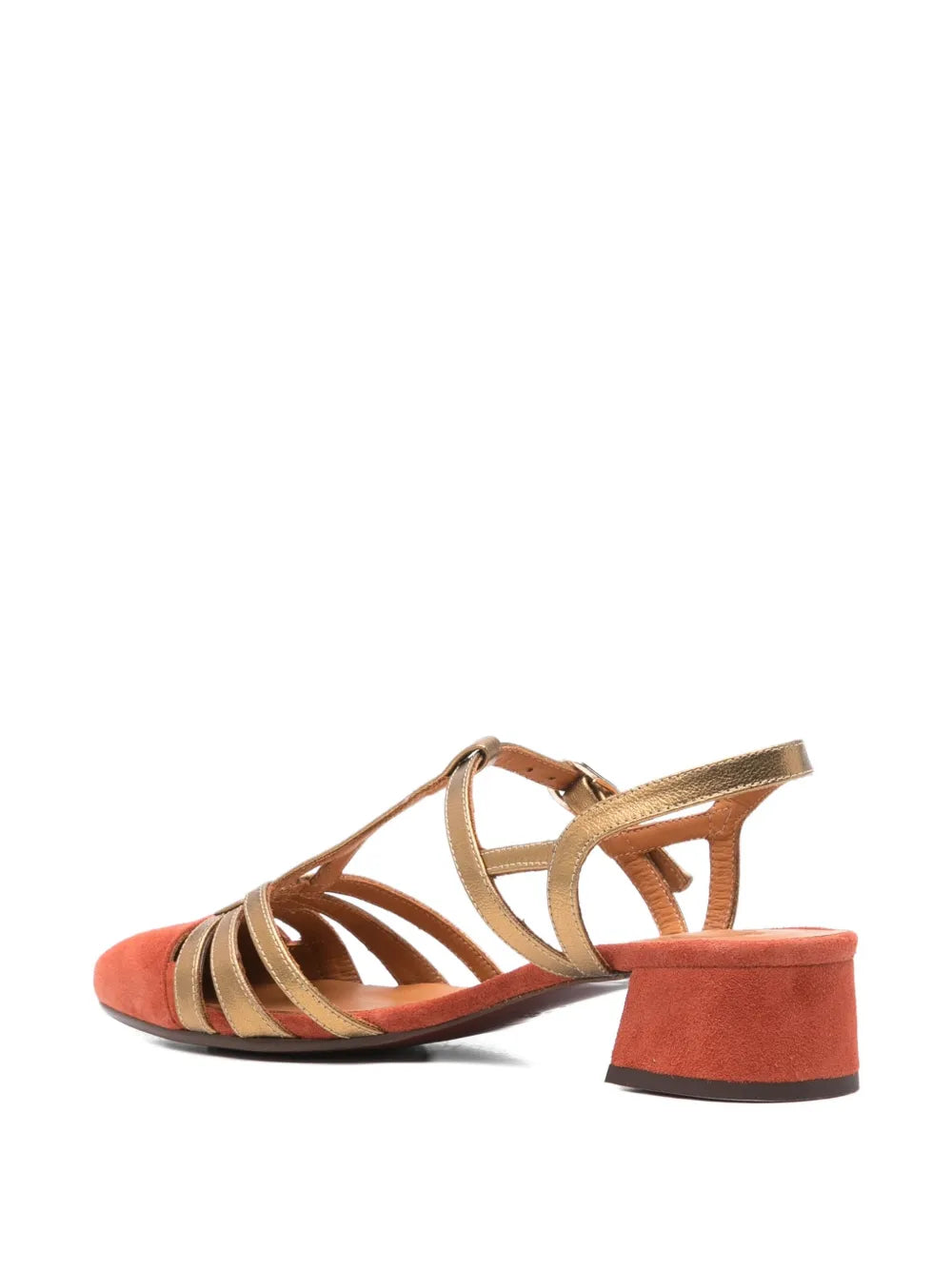 Chie Mihara Rosali women's terracotta suede and gold metallic leather fan strap slingback, comfortable low block heel, European designer shoes made in Spain
