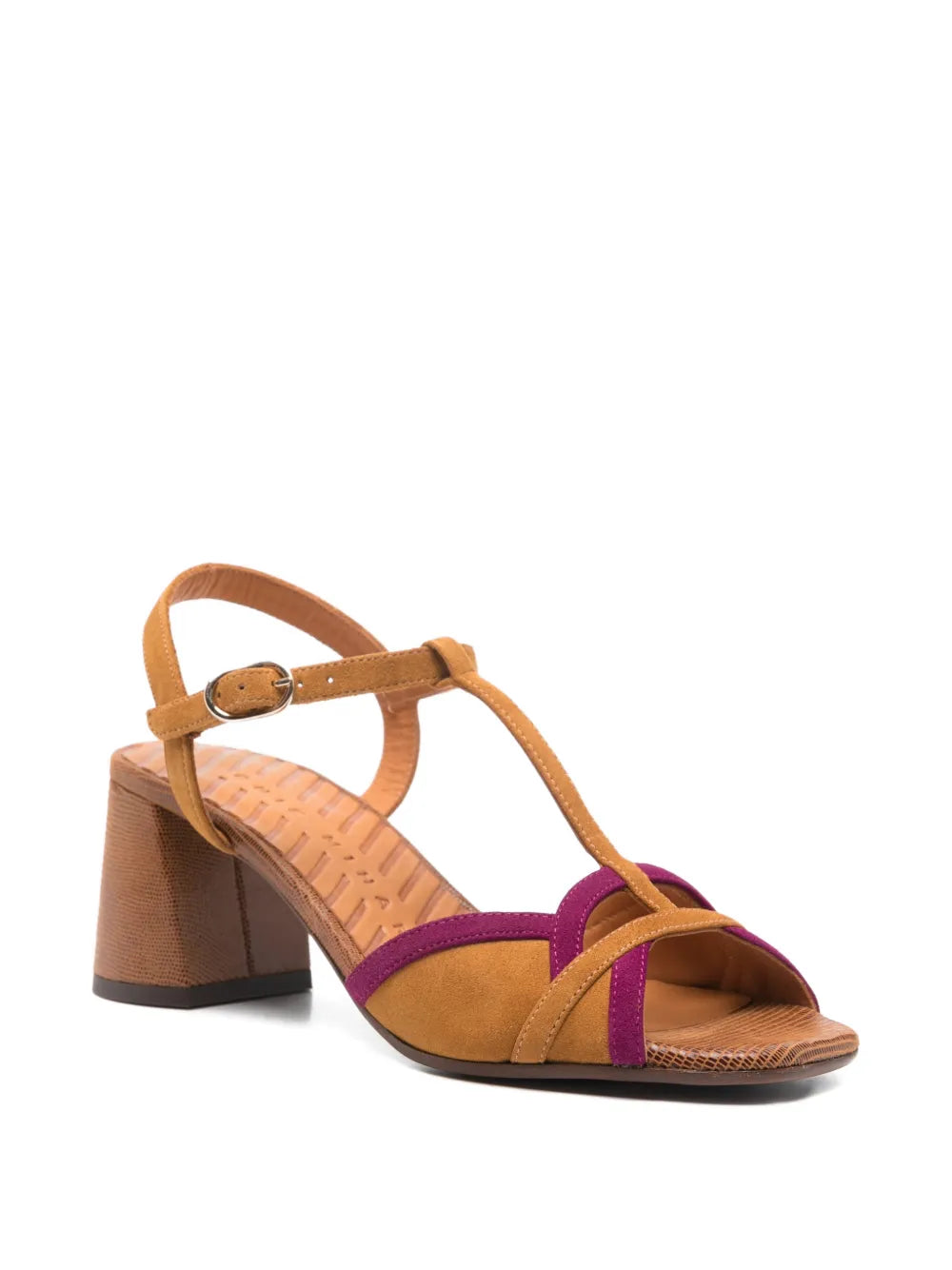 Chie Mihara Ryejo suede heel sandal in cognac and plum with mid heel and elegant strap design