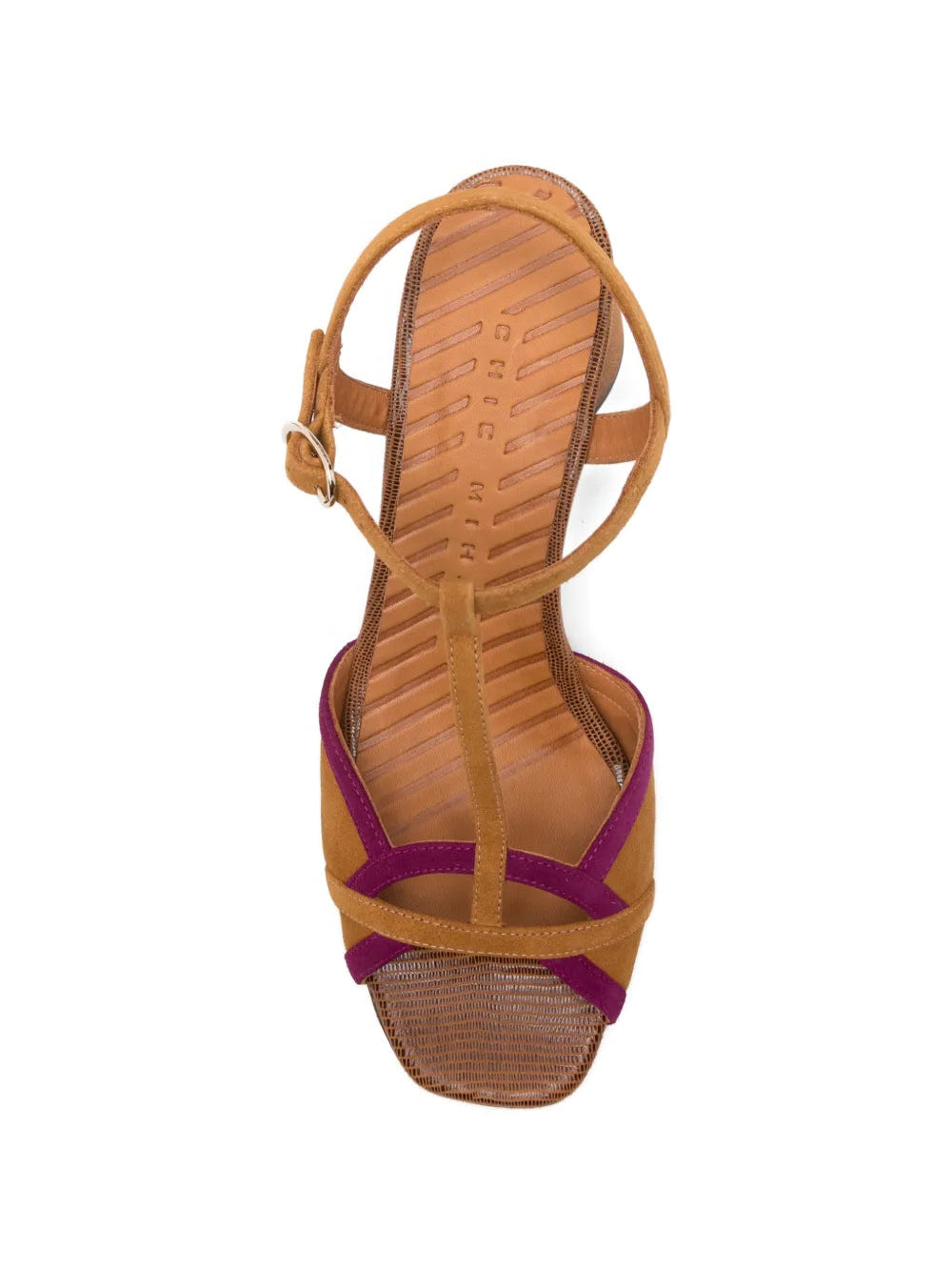 Chie Mihara Ryejo cognac and plum suede T-strap sandal, leather insole with brand stamp, lizard heel detail