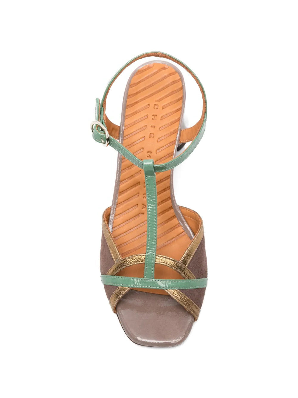 Chie Mihara Ryejo mousse and jade green T-strap sandal, leather insole with brand stamp, bronze metallic detail