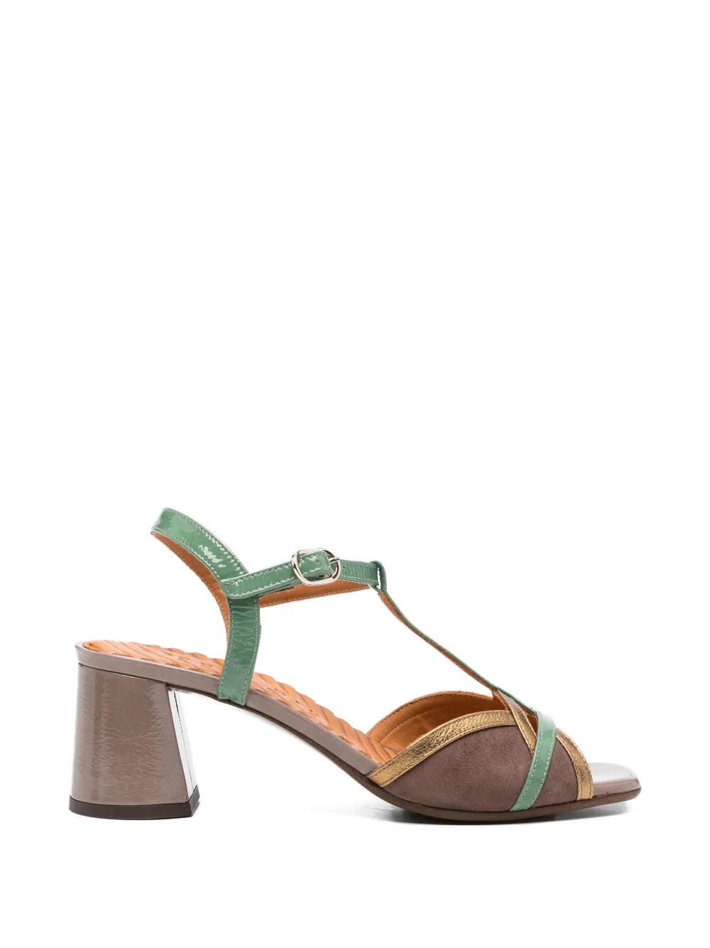 Chie Mihara Ryejo mousse suede sandal with jade green T-strap and bronze metallic detail, block heel, handmade in Spain