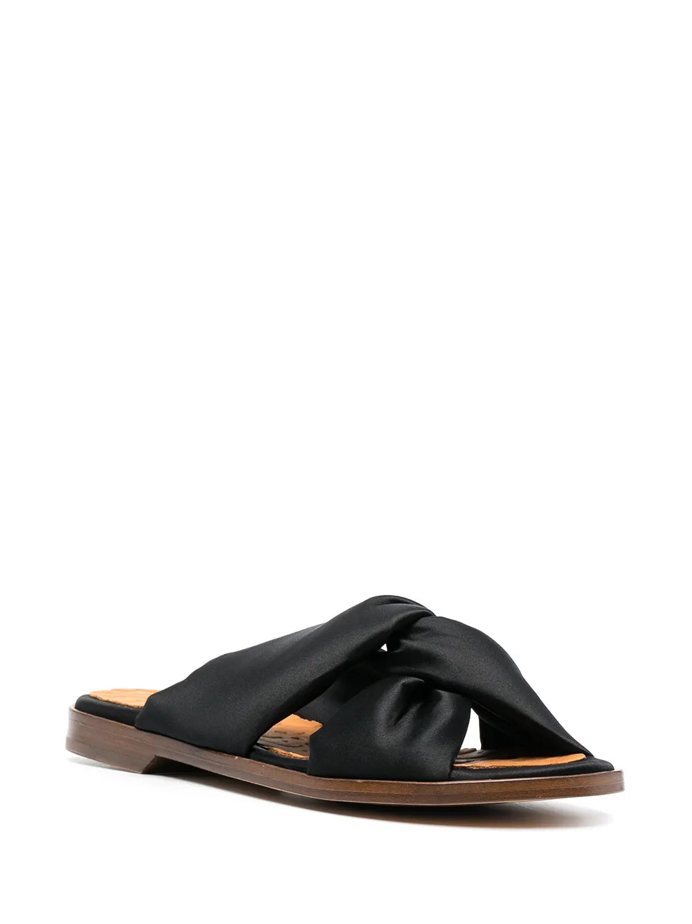 Chie Mihara Wamuza Chie Mihara sandals black satin, twisted cross-strap mule slide with open square toe, artisan shoes Spain high quality craftsmanship