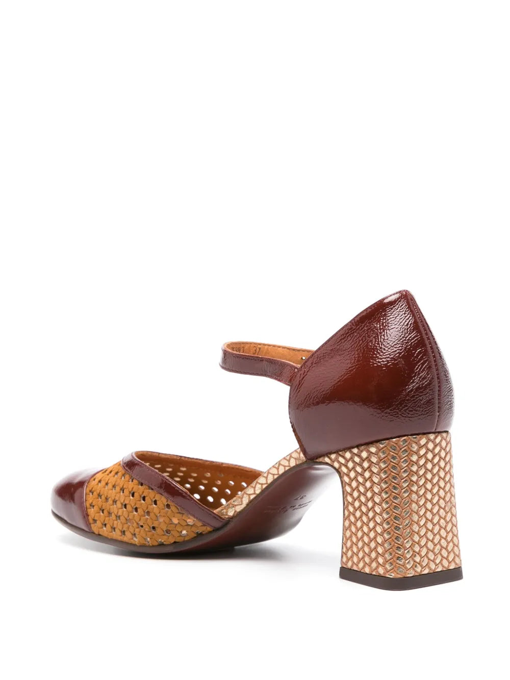 Chie Mihara Pelu statement shoes women, oxblood patent and camel perforated leather Mary Jane with unique woven block heel, boutique designer footwear European designer shoes