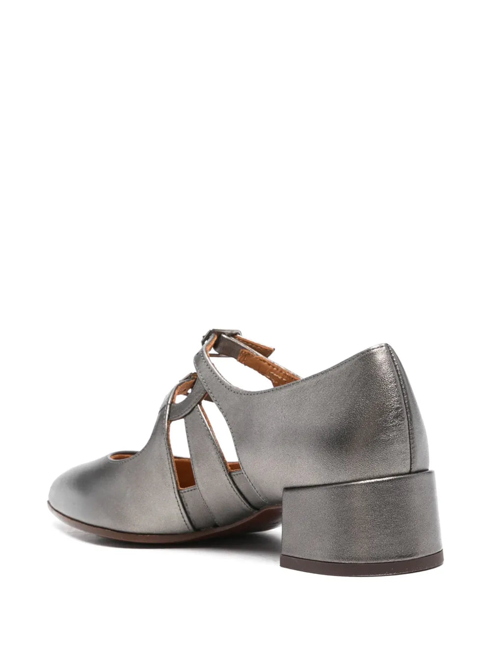 Chie Mihara Jersey statement shoes women, pewter gunmetal metallic Mary Jane pump with unique block heel, boutique designer footwear European designer shoes