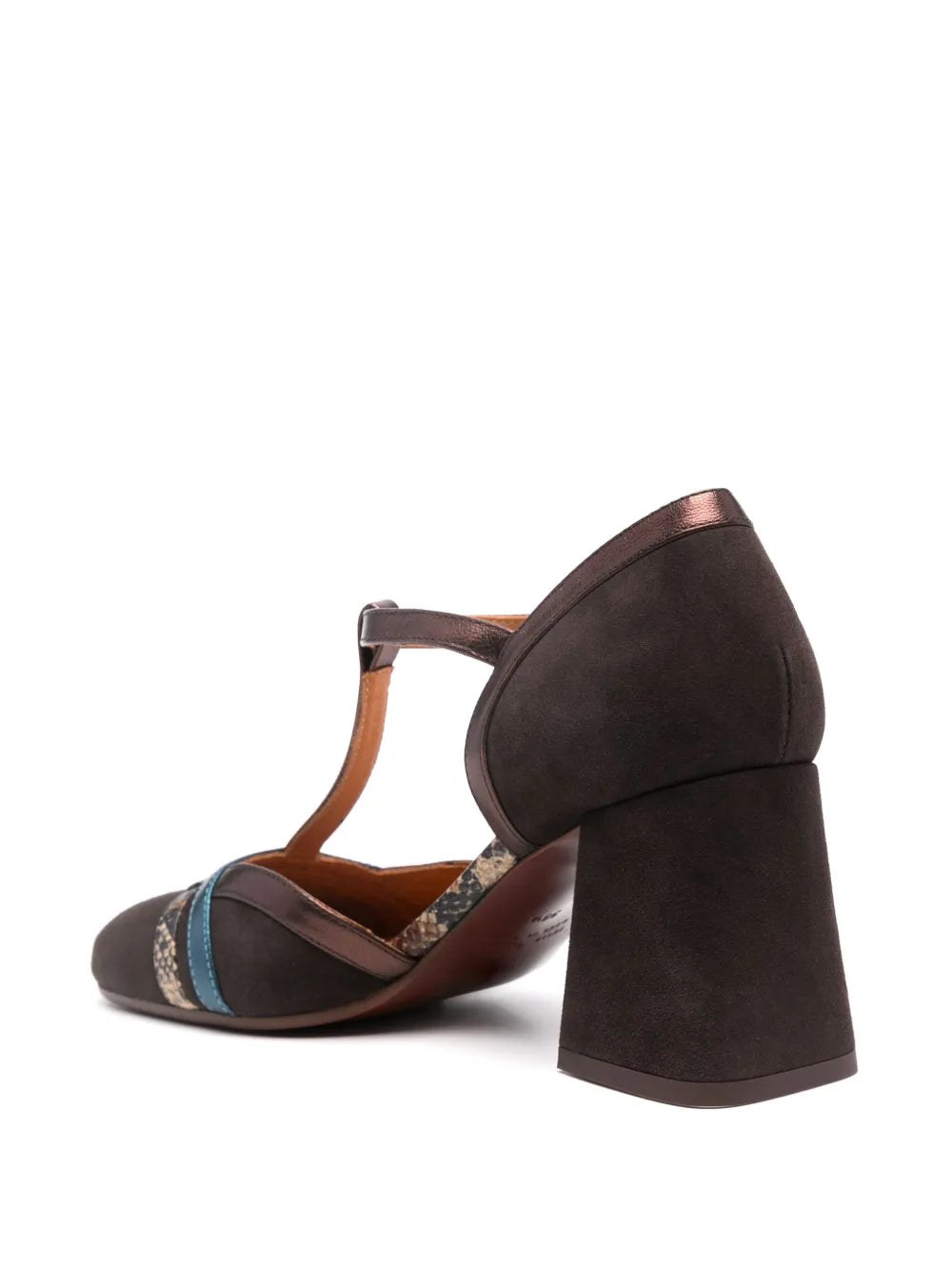 Chie Mihara Syata unique heel design, dark brown suede and bronze metallic T-bar pump, European designer shoes luxury everyday footwear