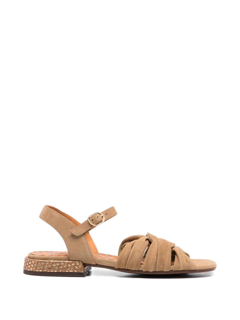 Chie Mihara Tusack sahara suede flat sandal with knotted cross straps and woven gold sole detail, handmade in Spain