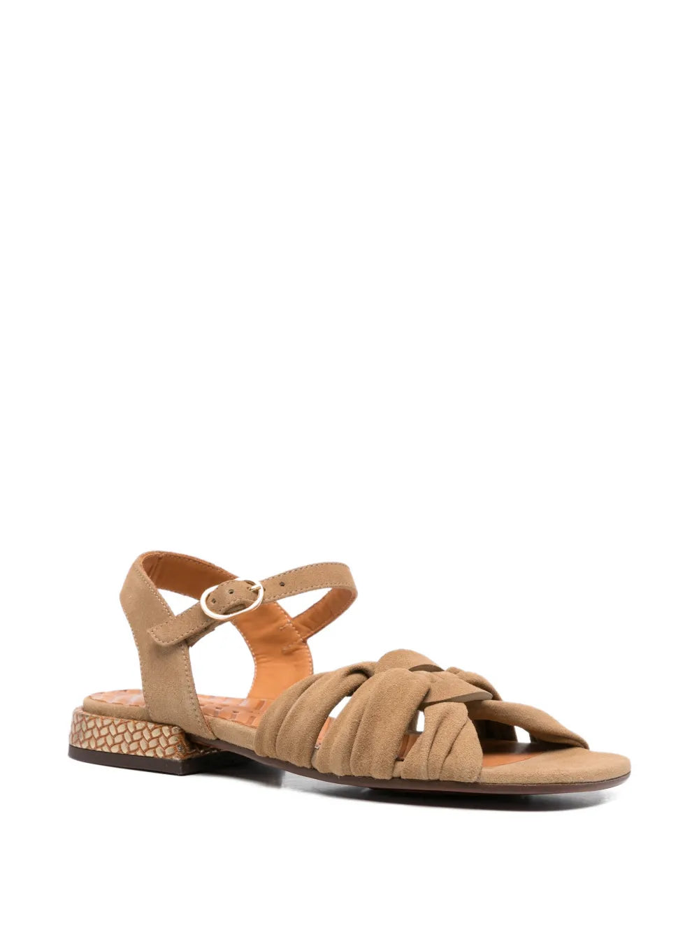 Chie Mihara Tusack suede sandals in sahara color with ruched straps and low heel