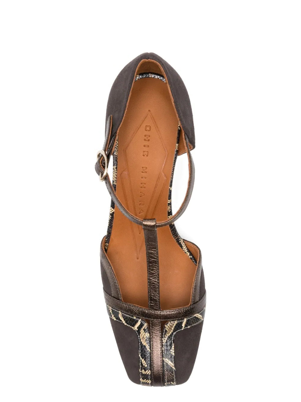 Chie Mihara Volai dark brown suede and bronze snake print T-strap pump, leather insole known for exceptional comfort and fit, handmade in Spain