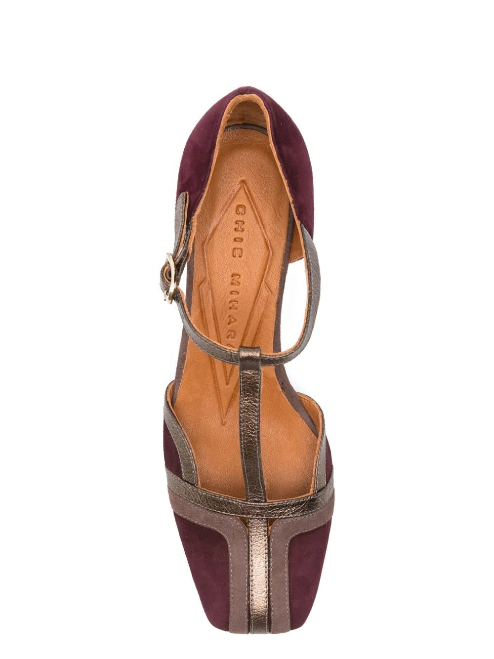 Chie Mihara Volai grape suede and bronze metallic T-strap pump, leather insole known for exceptional comfort and fit, handmade in Spain