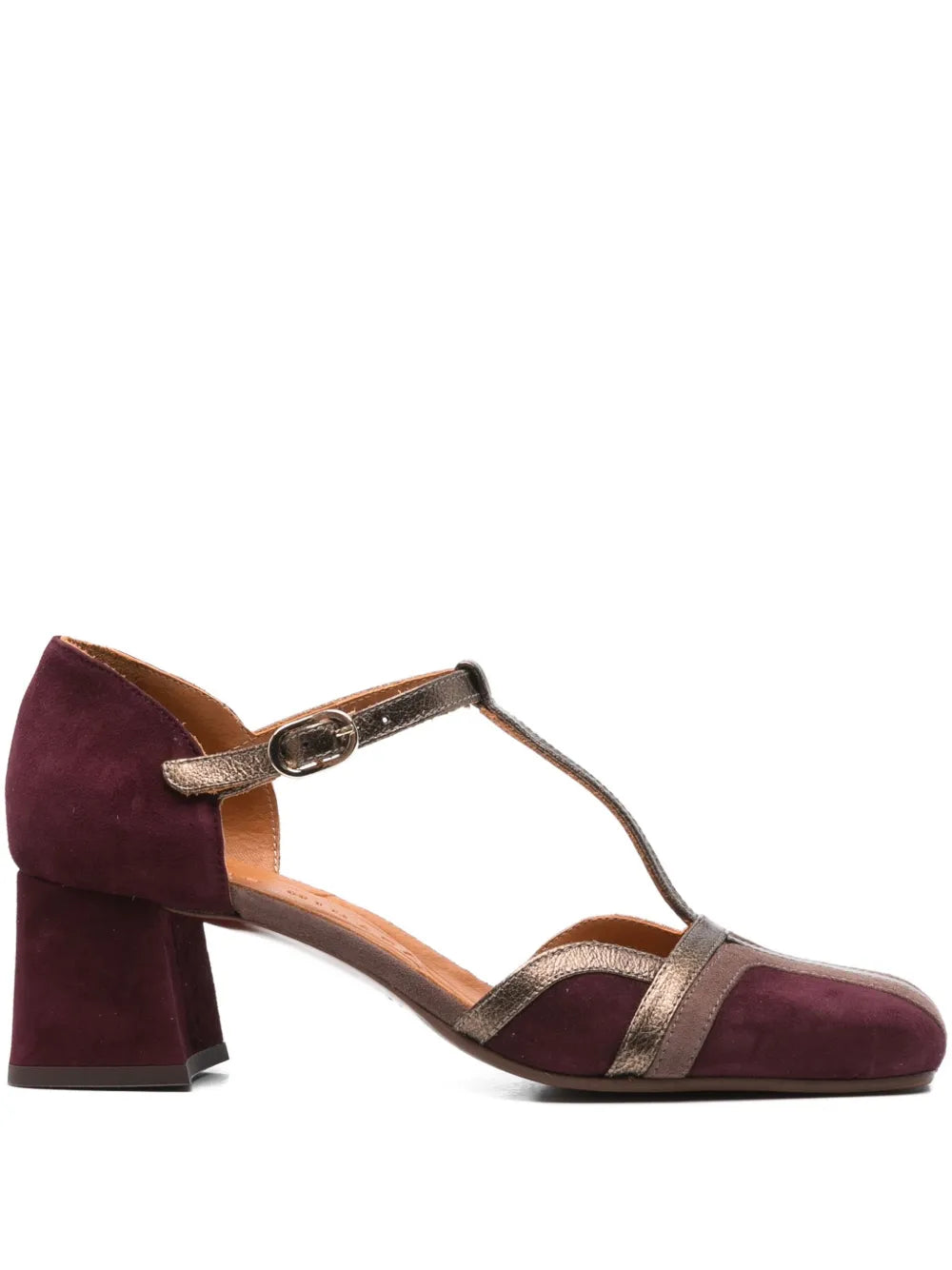Chie Mihara Volai grape suede and bronze metallic leather T-strap pump with comfortable mid block heel, handmade in Spain