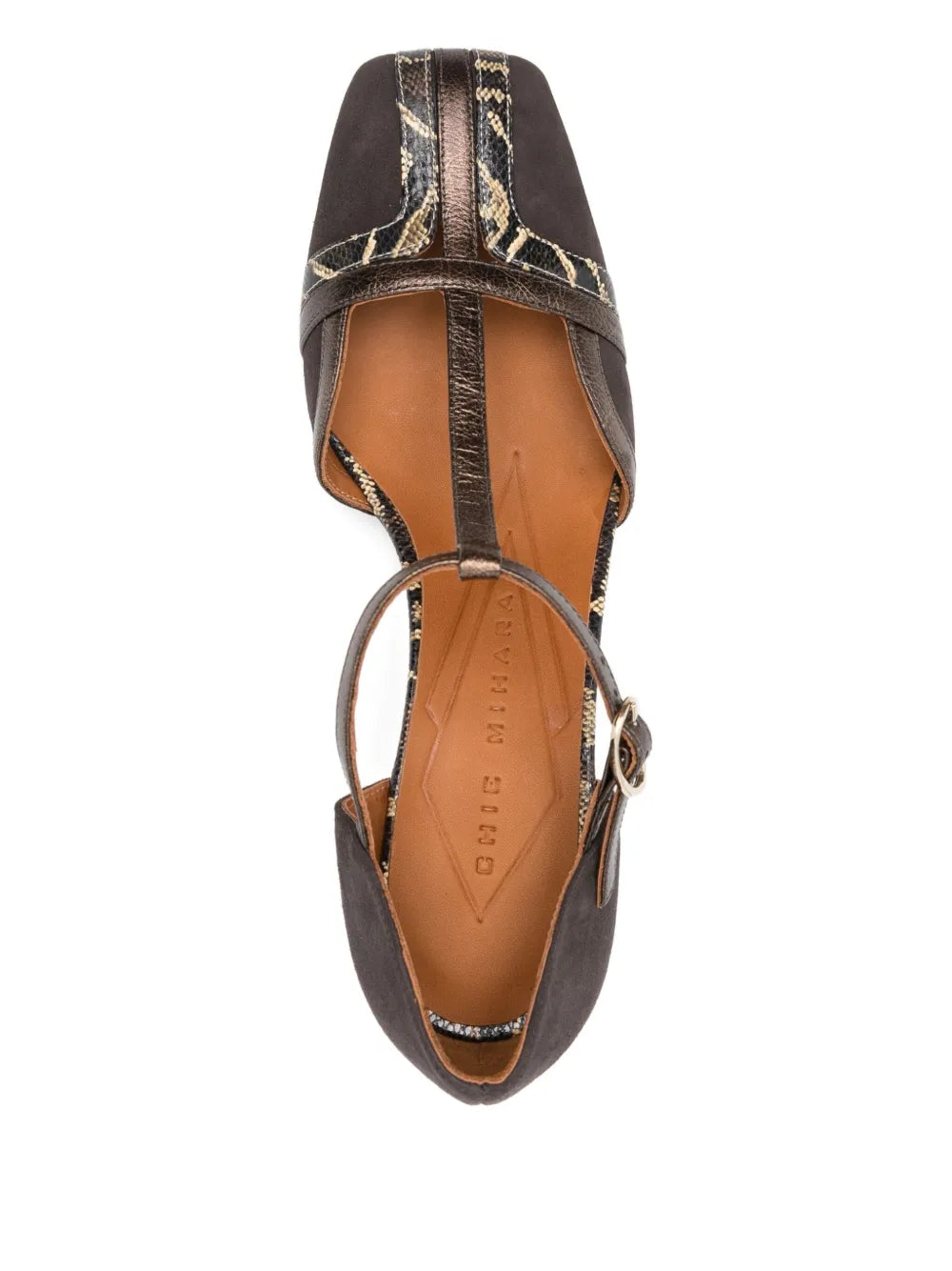 Chie Mihara VOLAI women’s shoes in graphite suede with bronze leather and snake-effect details, 5 cm block heel