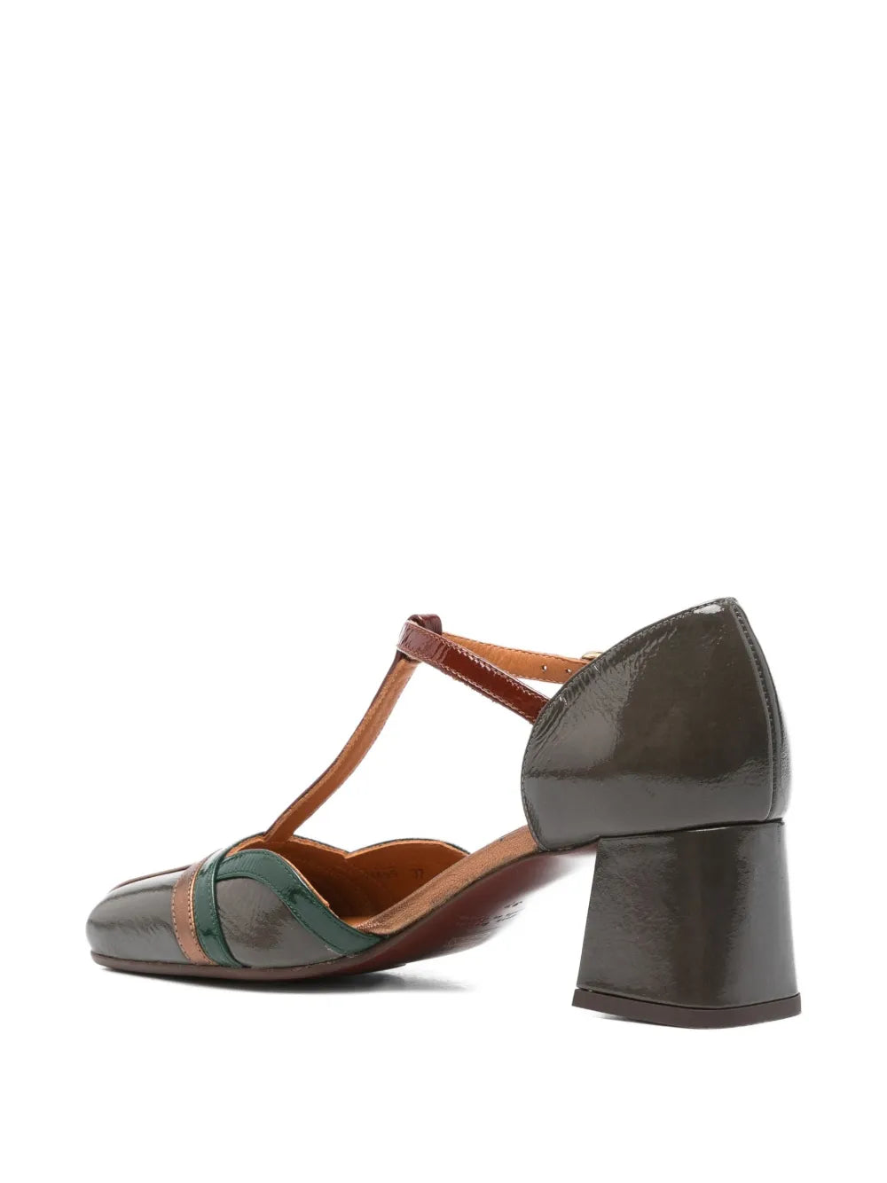 Chie Mihara Volai women's khaki patent leather T-strap pump with burgundy, bronze and bottle green detail, comfortable mid block heel, European designer shoes made in Spain