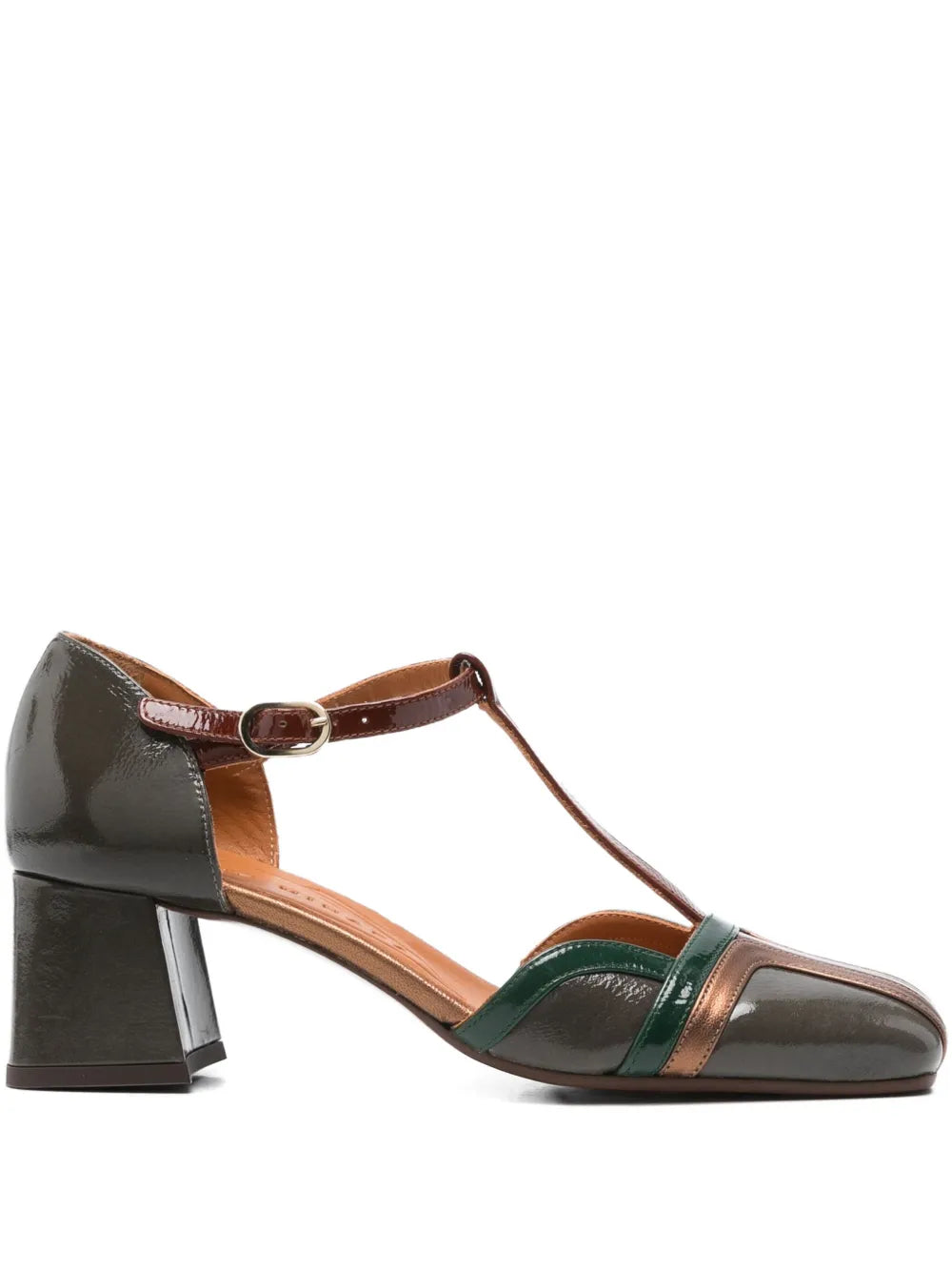 Chie Mihara Volai khaki patent leather T-strap pump with burgundy, bronze and bottle green detail, comfortable mid block heel, handmade in Spain