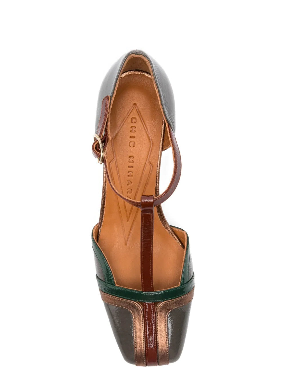 Chie Mihara Volai khaki patent leather T-strap pump with burgundy and bronze metallic detail, comfortable mid block heel and ankle strap buckle, premium leather footwear