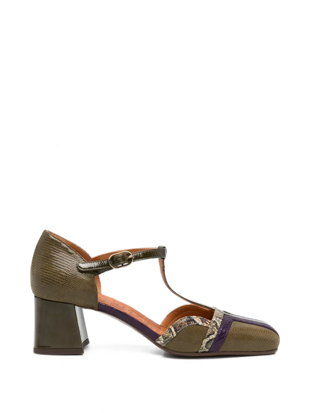 Chie Mihara VOLAI mid heel T-strap shoe in olive green textured leather with purple suede and gold snake-print detail