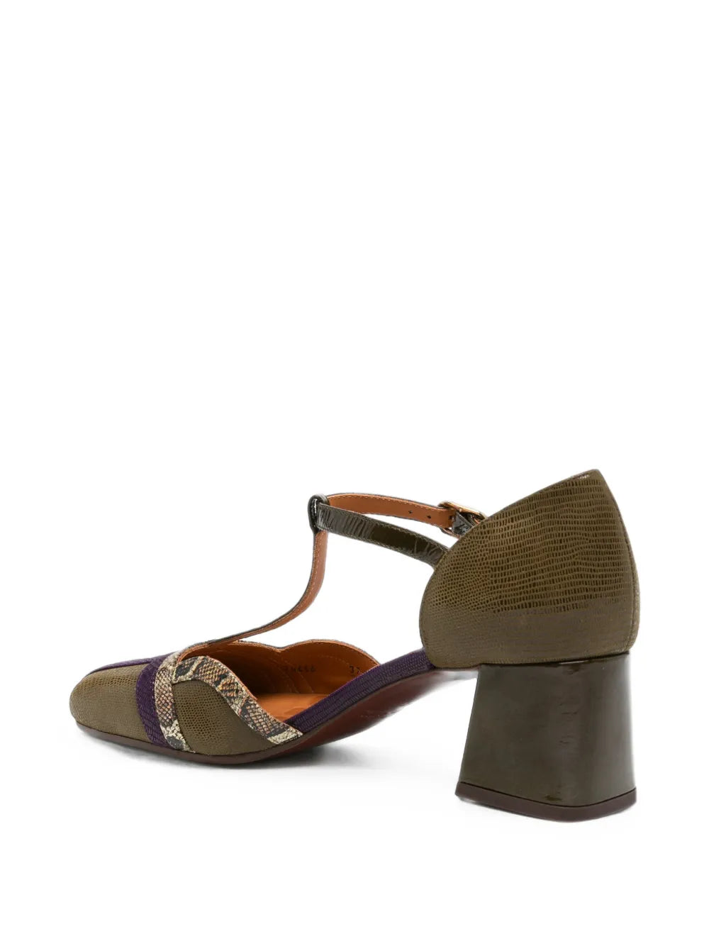 Chie Mihara VOLAI mid heel T-strap shoe in olive green textured leather with purple suede and gold snake-print detail