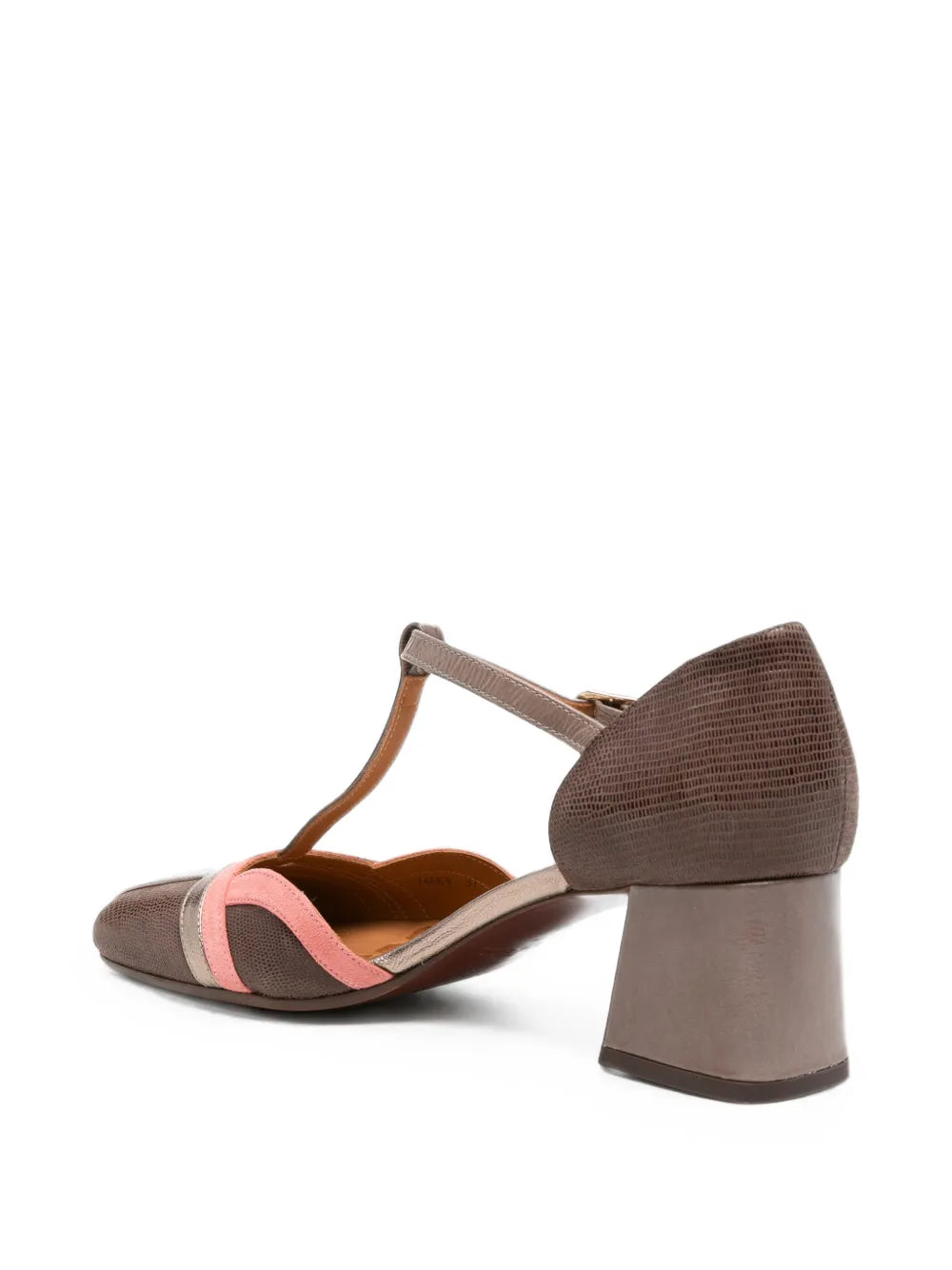 Chie Mihara VOLAI mid heel T-strap shoe in smoky grey textured leather with cherry pink suede and iron metallic detail
