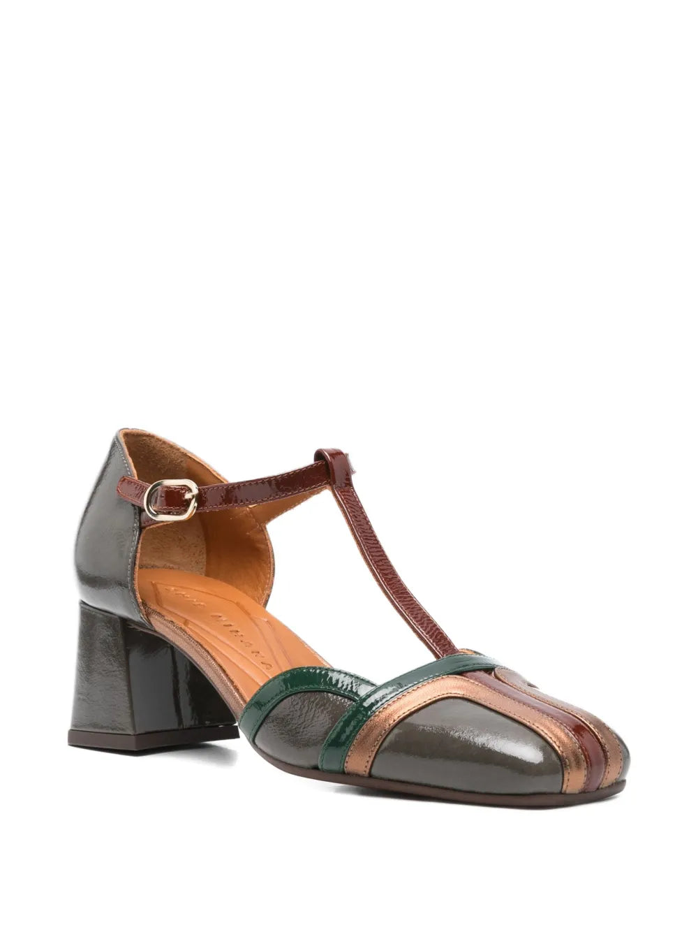 Chie Mihara Volai olive green patent leather T-strap pump, square toe with bronze metallic and bottle green stripe detail, stylish comfortable mid block heel, artisan leather shoes