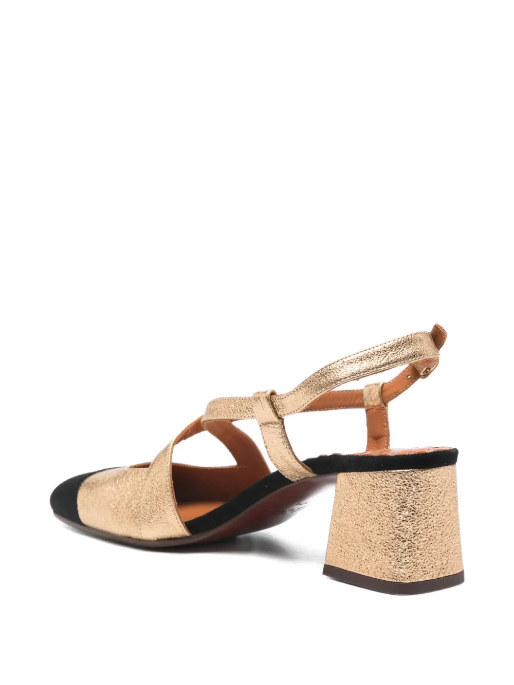 Chie Mihara Vondina gold crackle leather and black suede cap toe block heel slingback, cross straps